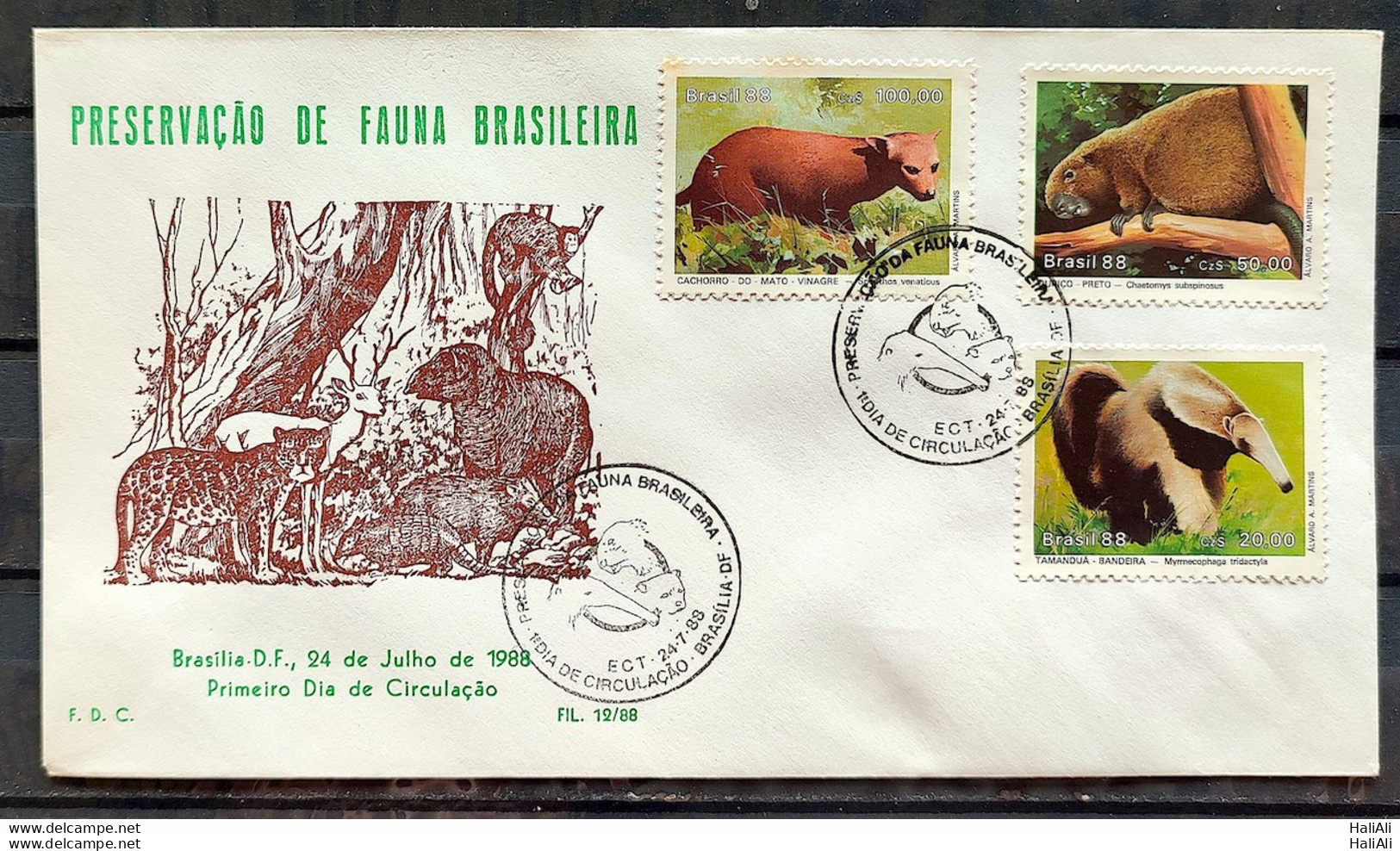 Brazil Envelope PVT FIL 012 1988 Fauna Mato Dog Tamanduá Ouriço CBC BSB - FDC