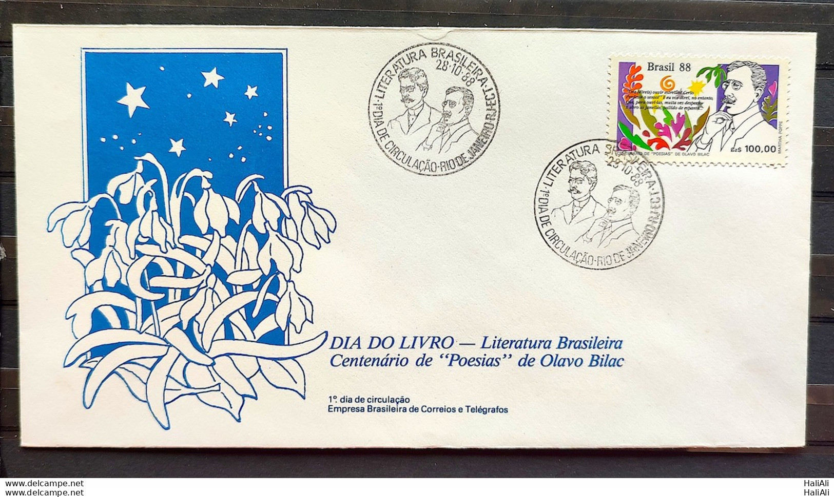 Brazil Envelope FDC 455 1988 Book Day Literature Olavo Bilac CBC RJ 2 - FDC