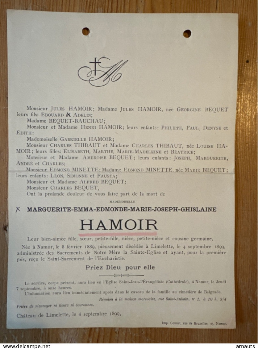 Mademoiselle Marguerite Hamoir *1889 Namur +1899 Limelette Belgrade Bequet Bauchau Thibaut Minette - Todesanzeige