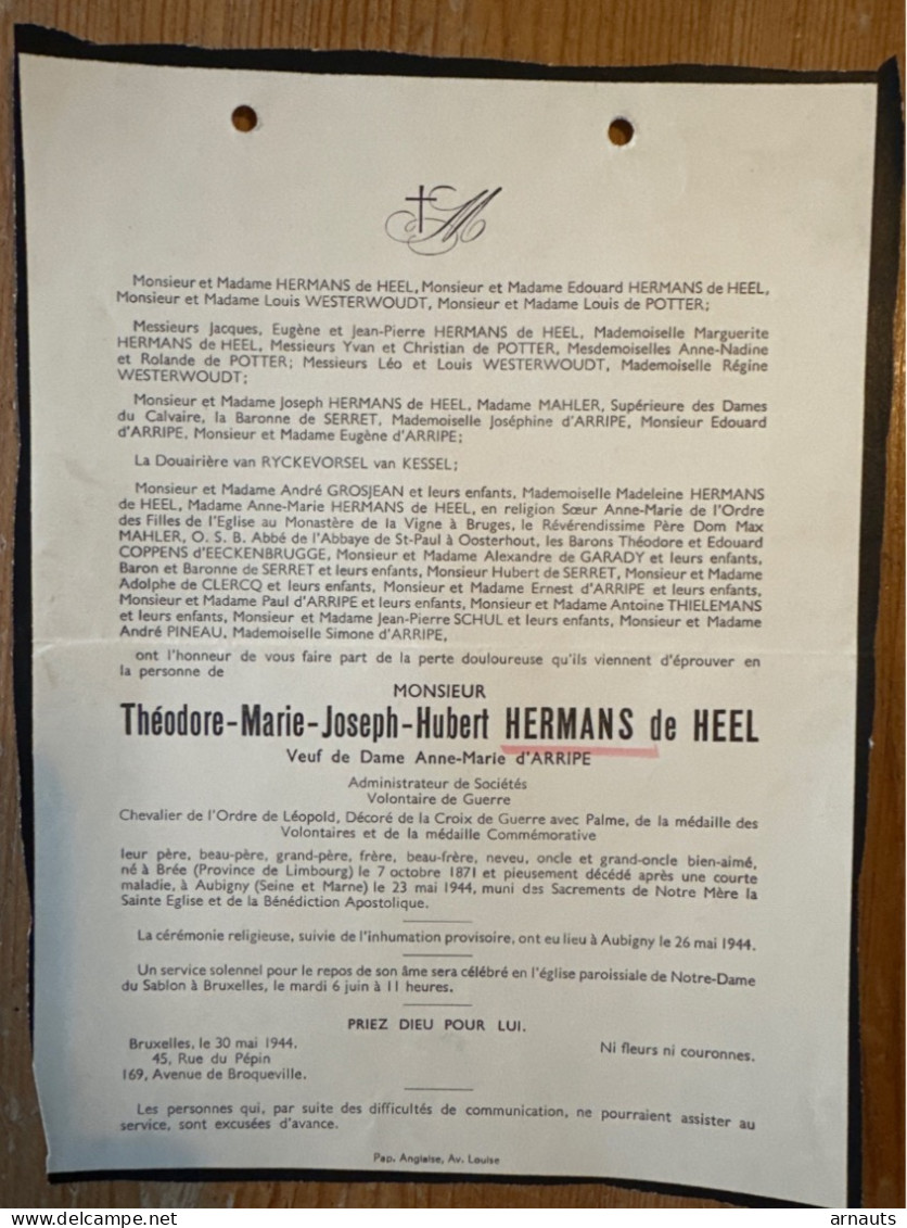 Theodore Hermans De Heel Verf D’Arripe Anne-Marie *1871 Bree +1944 Aubigny Seine Et Marne Westerwoudt De Potter Mahler R - Todesanzeige