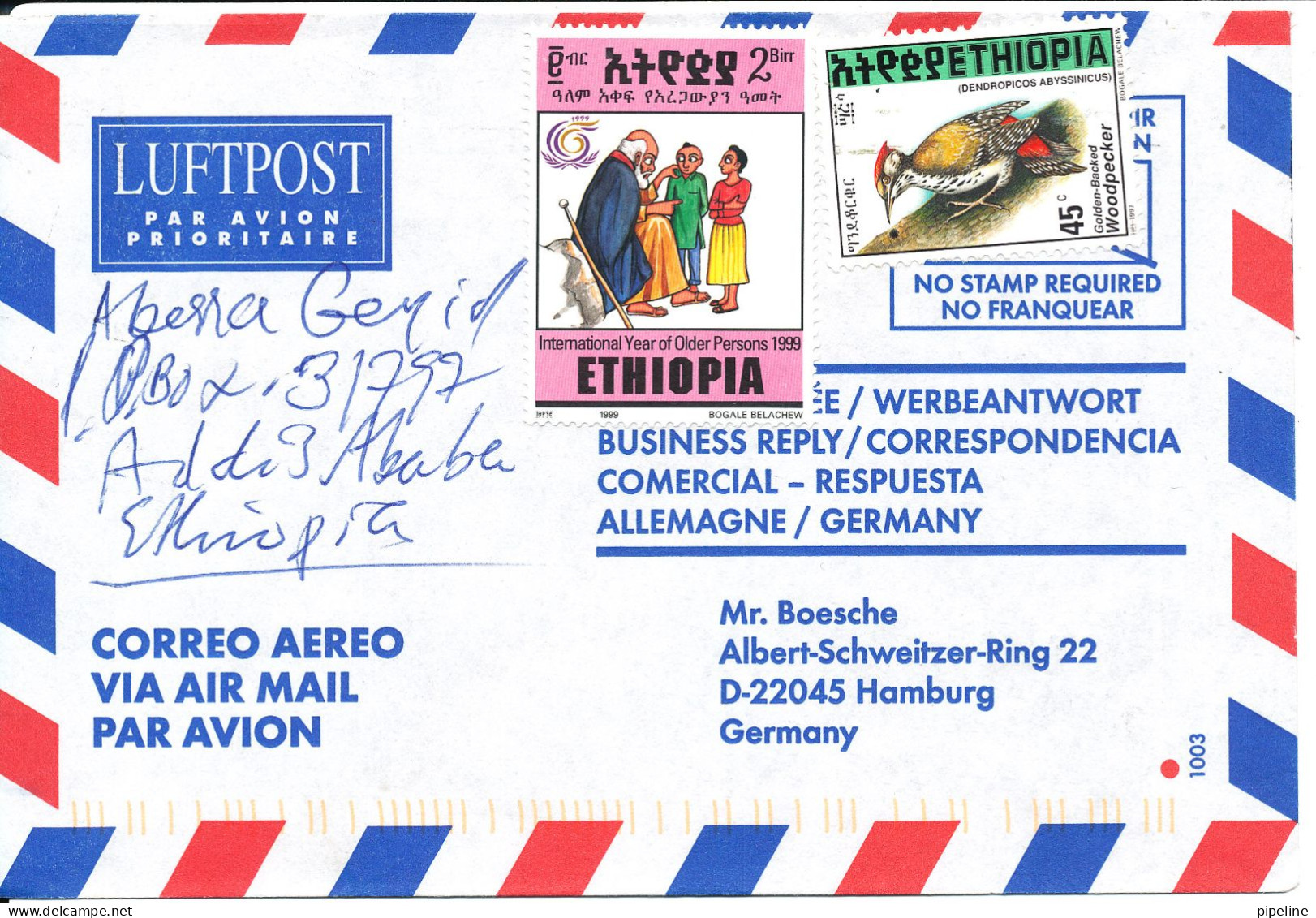 Ethiopia Air Mail Cover Sent To Germany BIRD Stamp No Postmarks - Etiopia