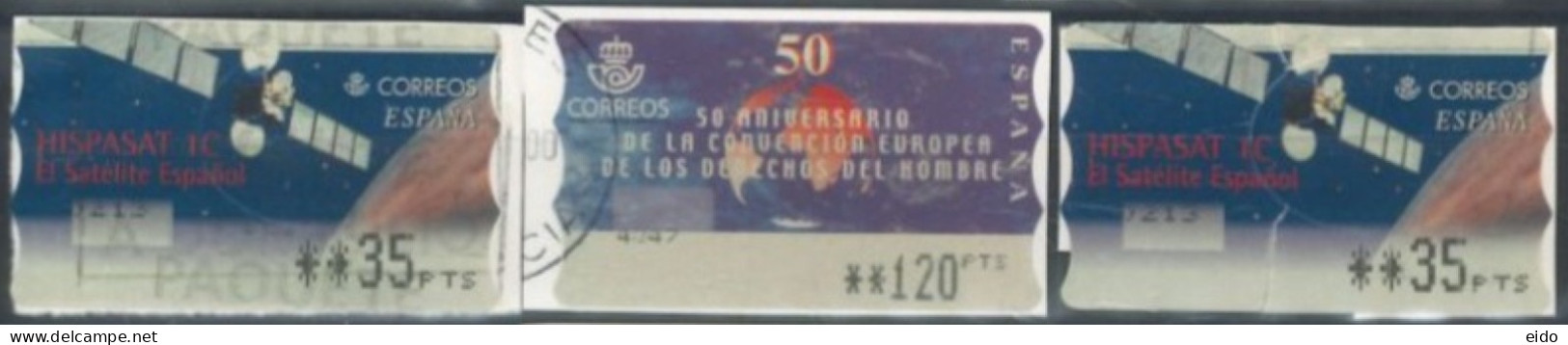 SPAIN -2000 - HASPASAT IC SATELLITE, & 50th ANIV OF CONVENTION OF HUMAN RIGHTS SET OF 3 OF DIFFERENT VALUES, USED . - Gebruikt