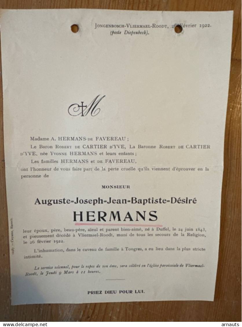 Mr Auguste Joseph Jean Baptist Hermans *1843 Duffel +1922 Vliermaalroot Kortessem Tongeren De Favereau De Cartier D’Yve - Décès