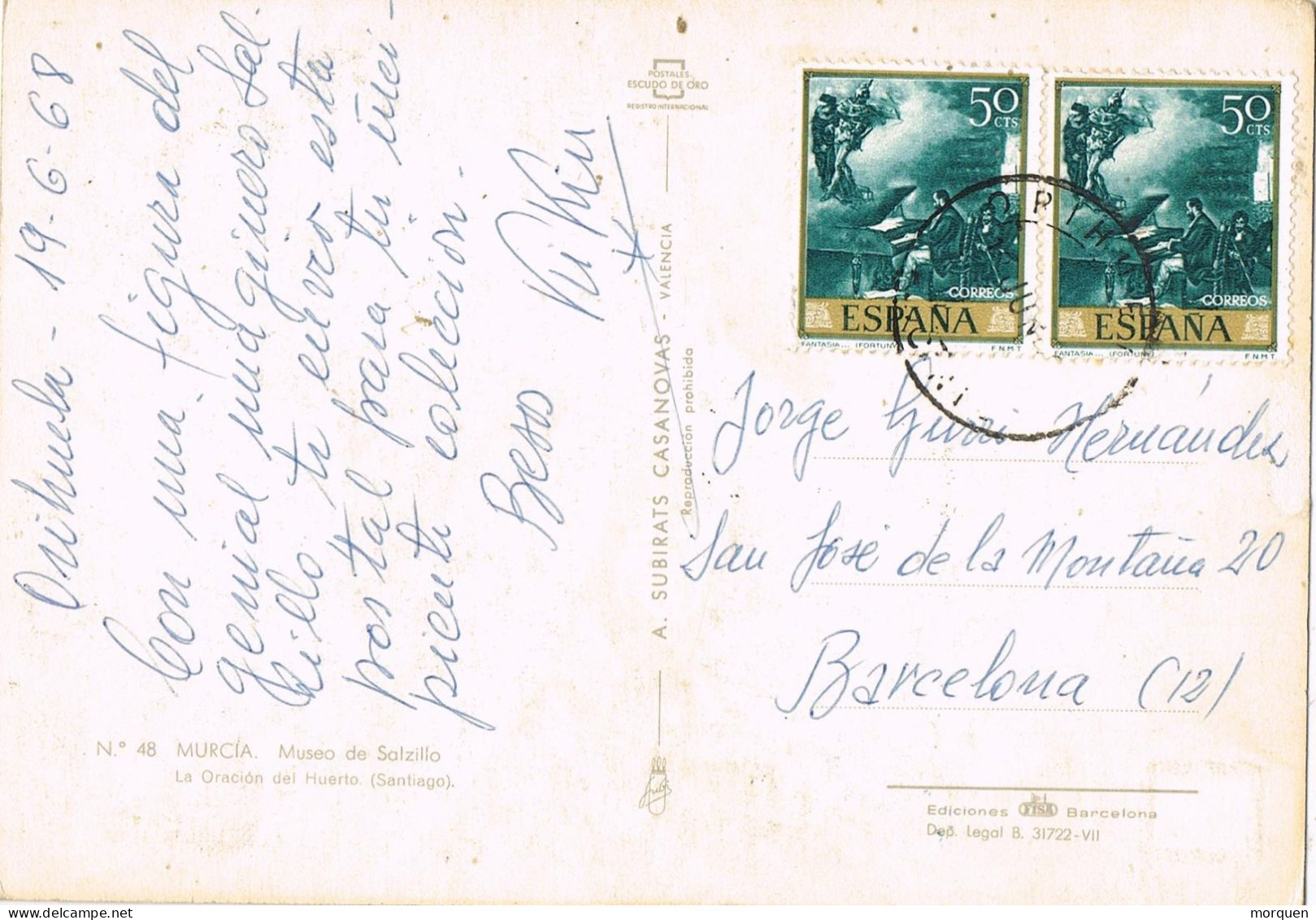 54912. Postal ORIHUELA (Alicante) 1968. Imagen Oracion Huerto, Museo De Salcillo De MURCIA - Storia Postale