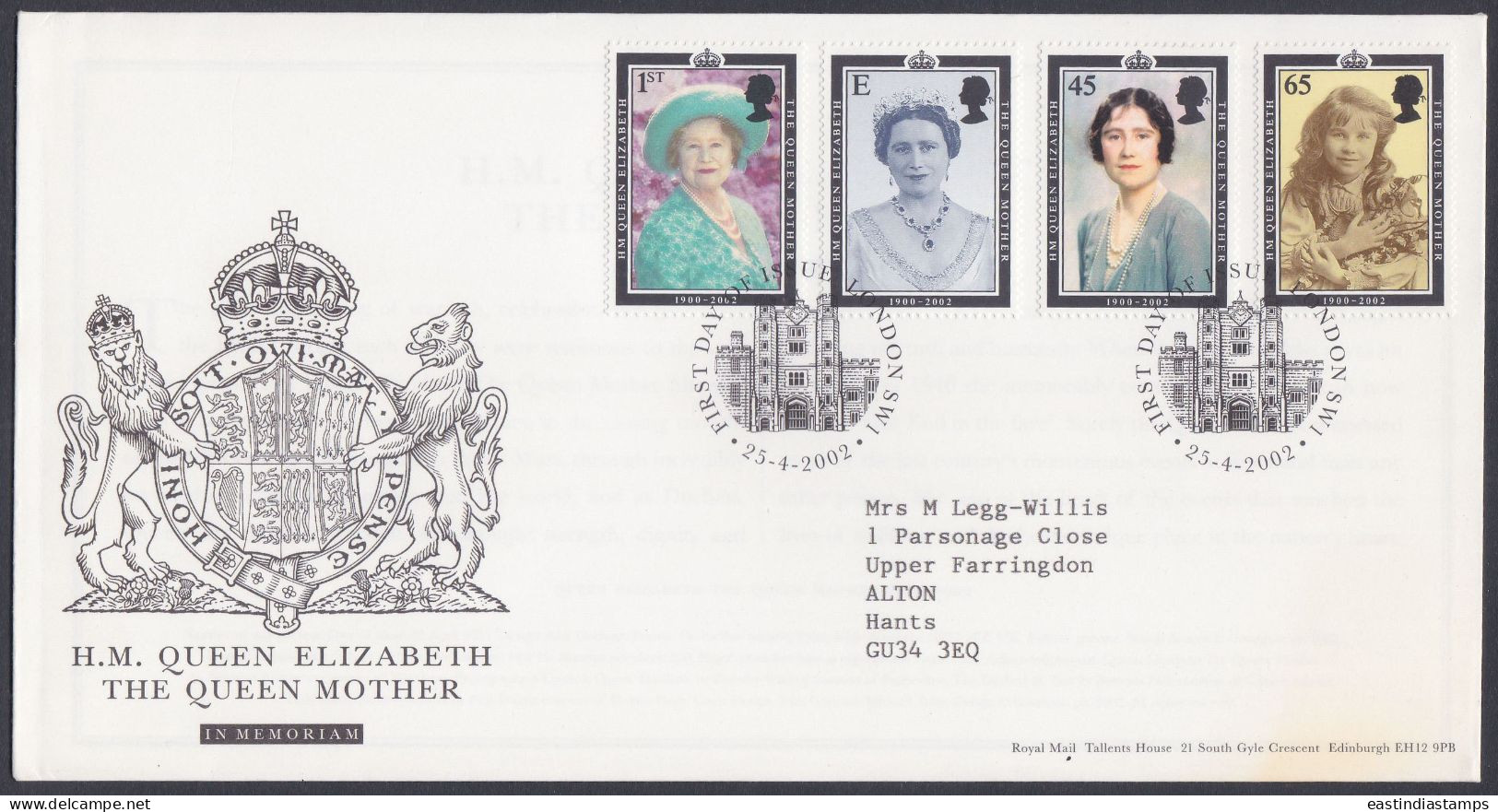 GB Great Britain 2002 FDC Queen Elizabeth, The Queen Mother, Royal, Royalty, British, Pictorial Postmark First Day Cover - Lettres & Documents