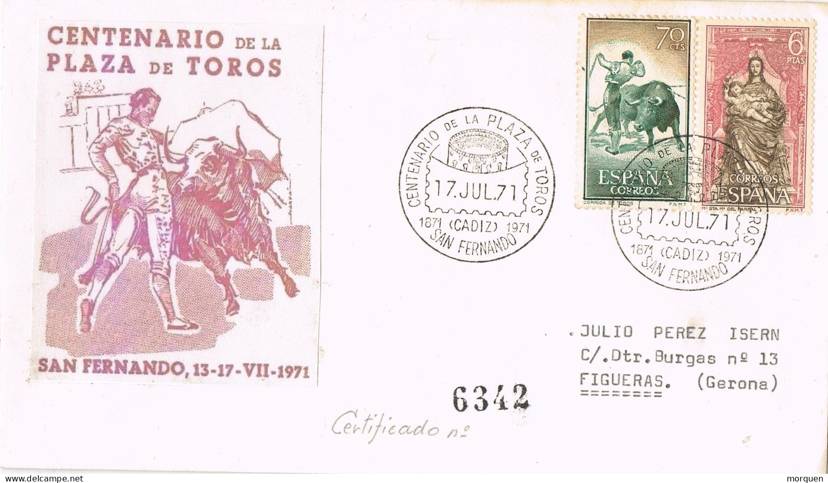 54913. Carta Certificada SAN FERNANDO (Cadiz) 1971, Centenario Plaza TOROS - Briefe U. Dokumente