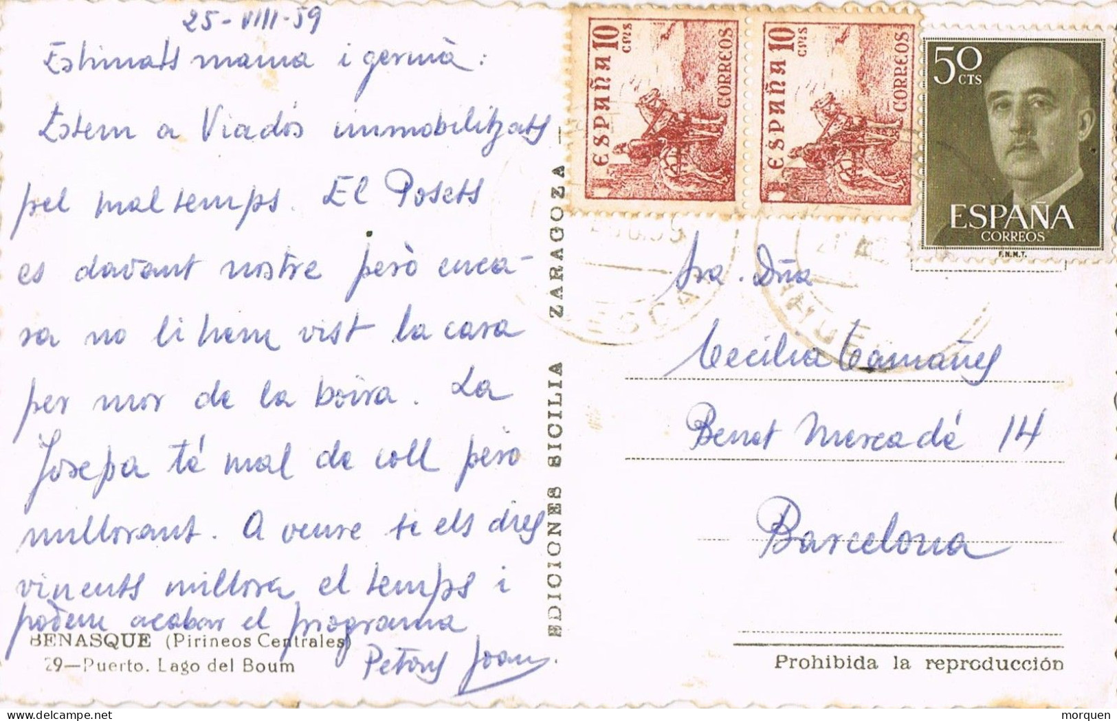 54914. Postal BENASQUE (Huesca) 1959. Vista Del Puerto, Lago De BOUM - Cartas & Documentos