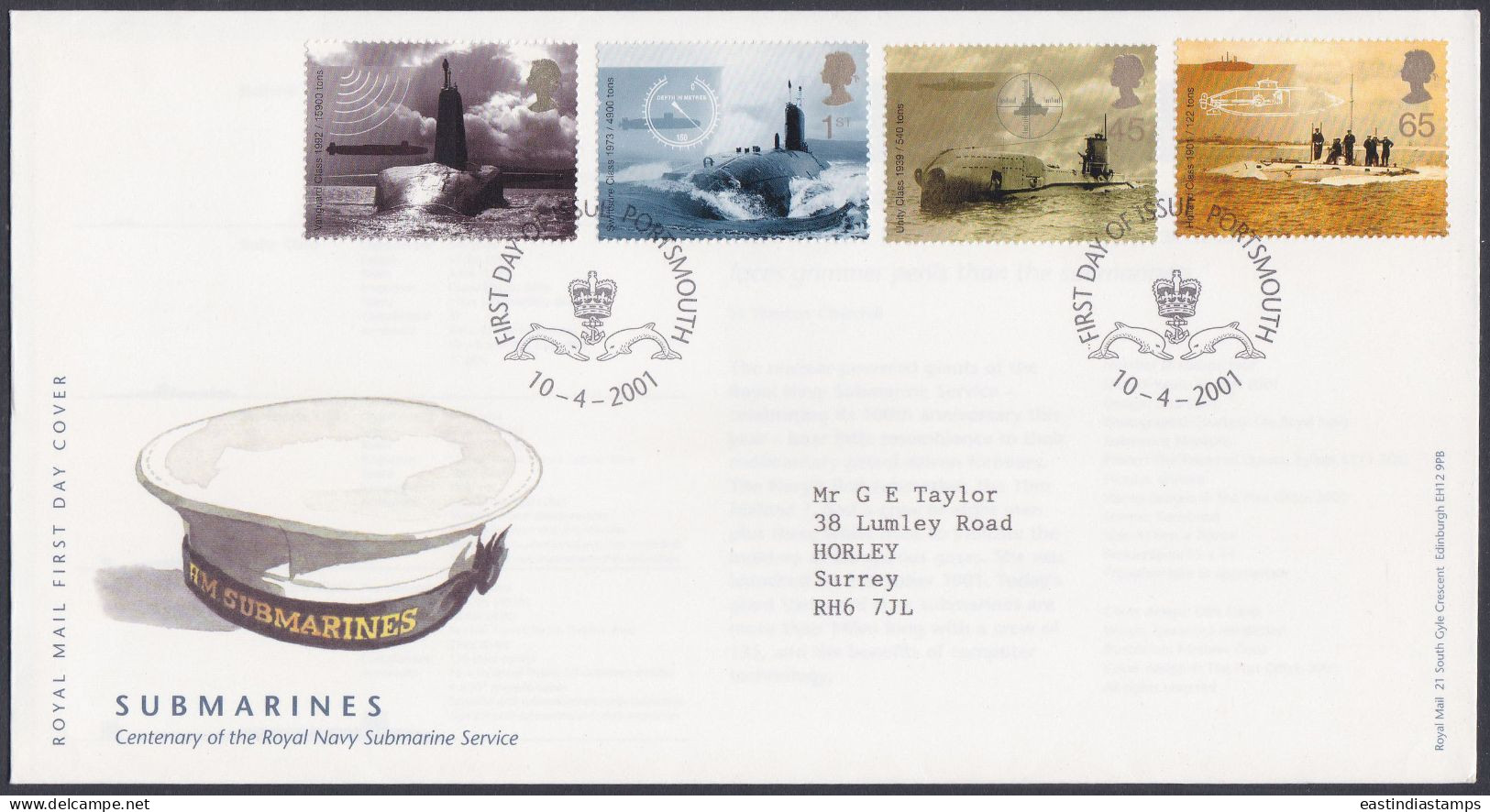 GB Great Britain 2001 FDC Submarine, Submarines, Royal Navy, Sea, Ocean, Armed Forces Pictorial Postmark First Day Cover - Covers & Documents