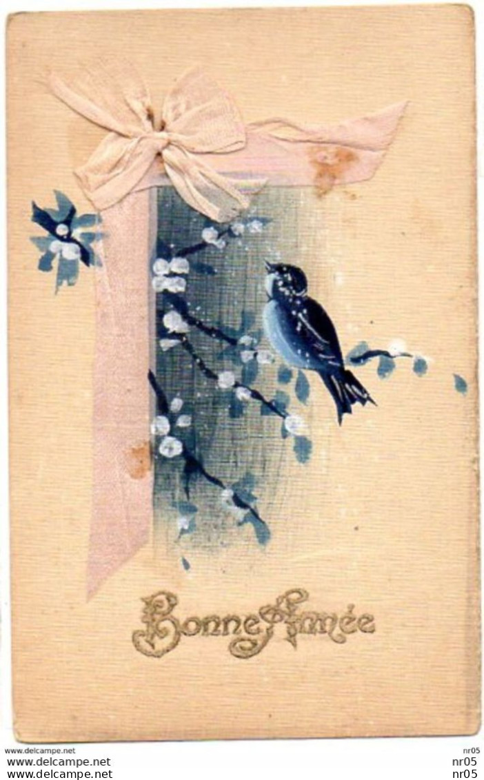FANTAISIE - Mesange Bleue Avec Tissu Rose - Carte Toilée   " Bonne Année " - New Year