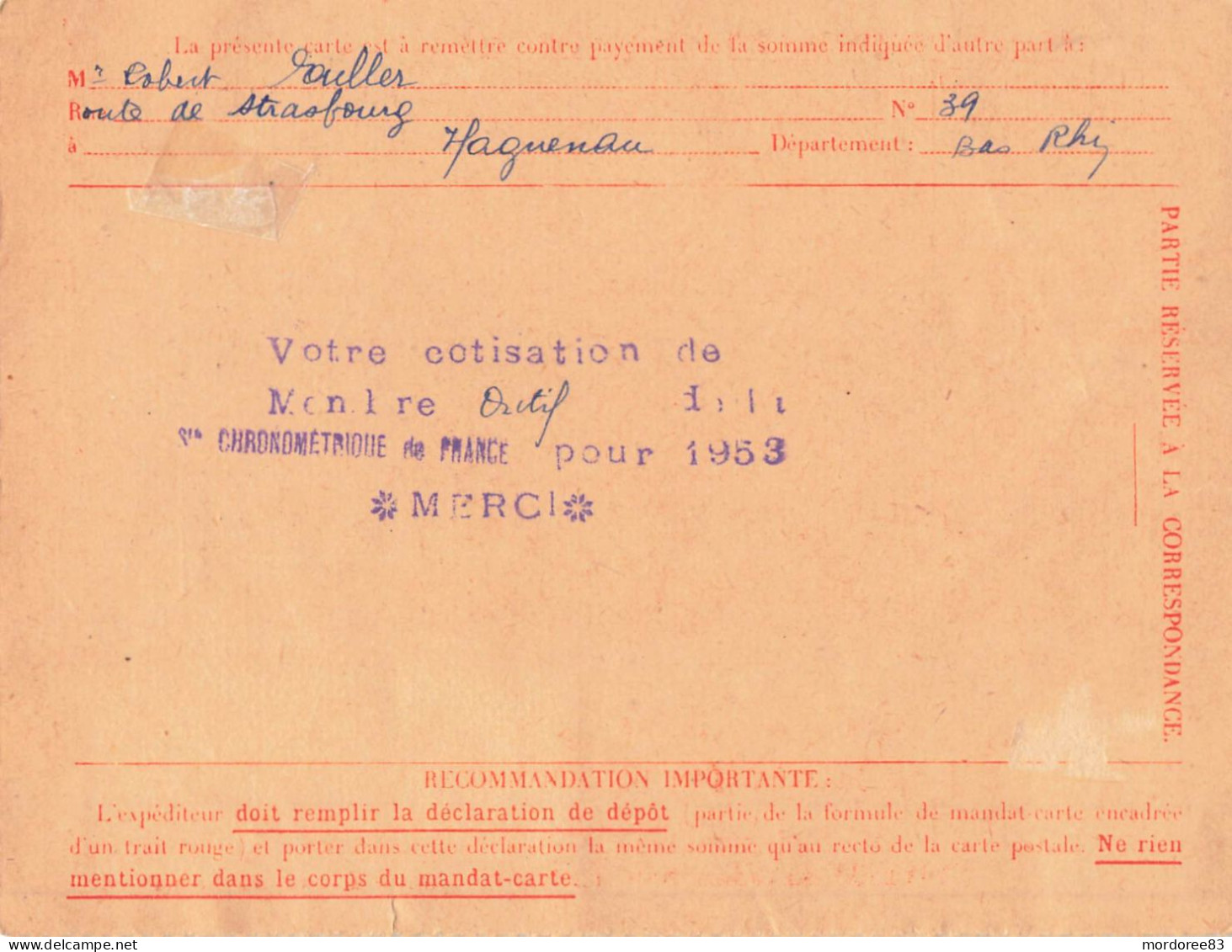CARTE REMBOURSEMENT BESANCON 1953 RETOUR + TAXE 25F CHAMBORD + GANDON 5+12F POUR HAGUENAU - 1859-1959 Covers & Documents