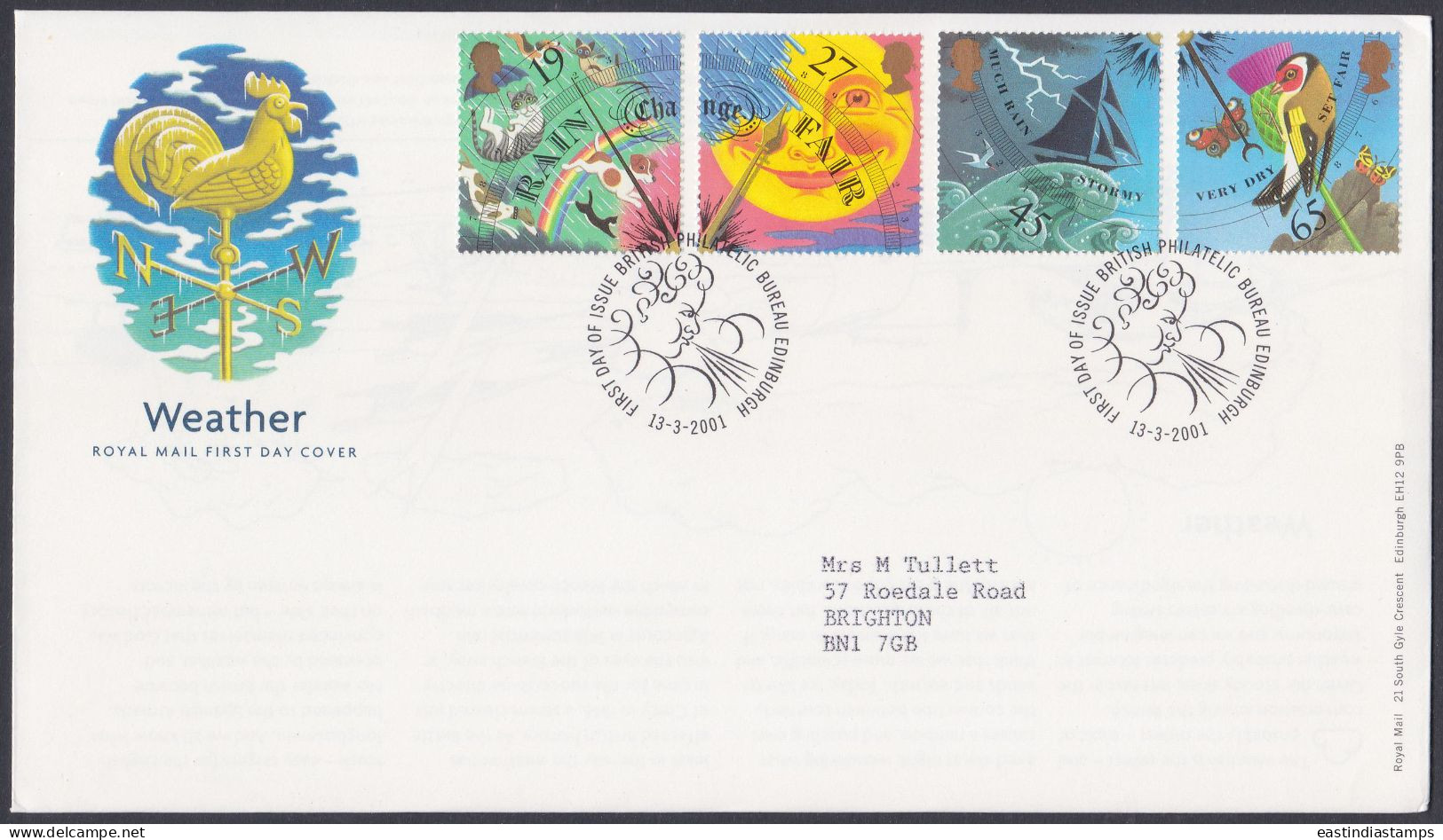 GB Great Britain 2001 FDC  Weather, Compass, Wind, Weathervane, Rooster, Cat, Dog, Butterfly, Bird, Boat First Day Cover - Brieven En Documenten