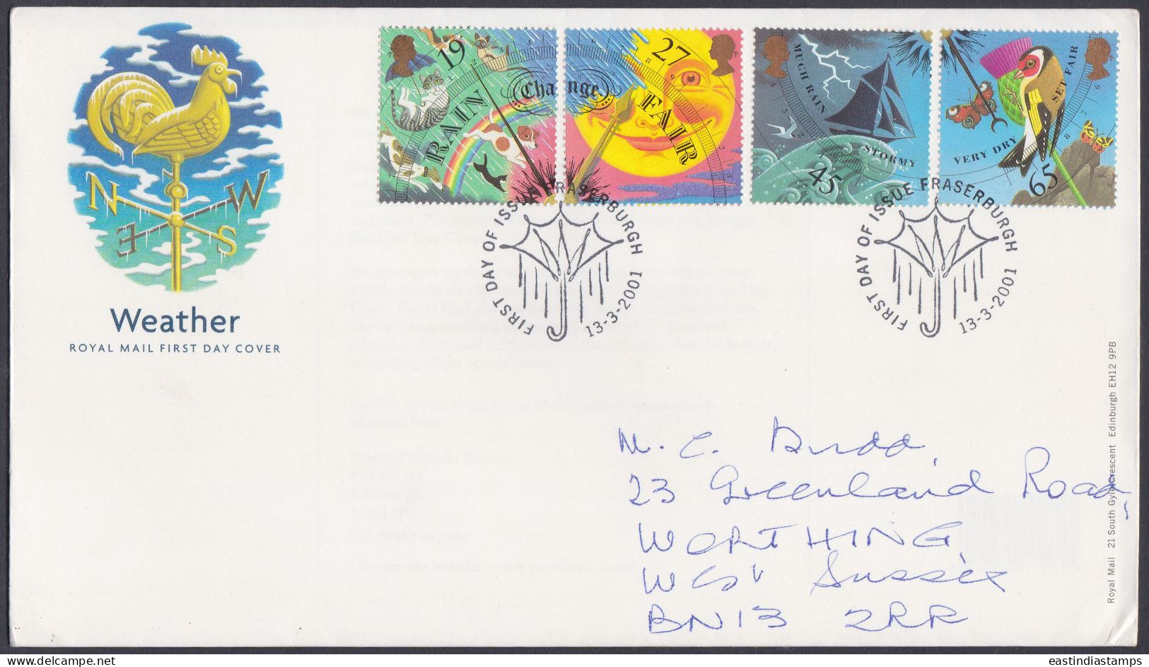 GB Great Britain 2001 FDC  Weather, Compass, Wind, Weathervane, Rooster, Cat, Dog, Butterfly, Bird, Boat First Day Cover - Brieven En Documenten