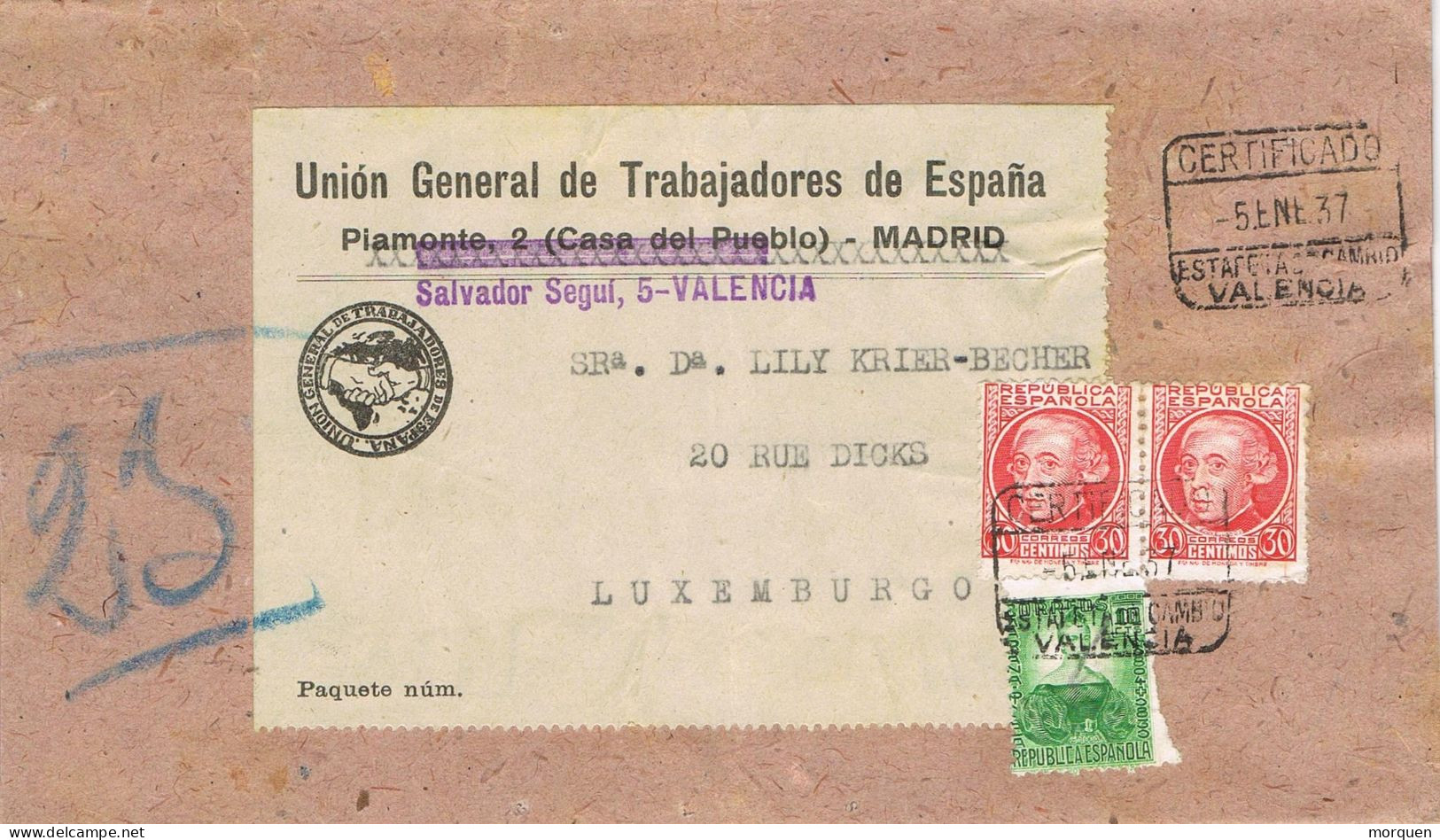 54915. Faja De Publicacion Certificado VALENCIA 1937. Guerra Civil. Sin CENSURA. U.G.T. - Storia Postale
