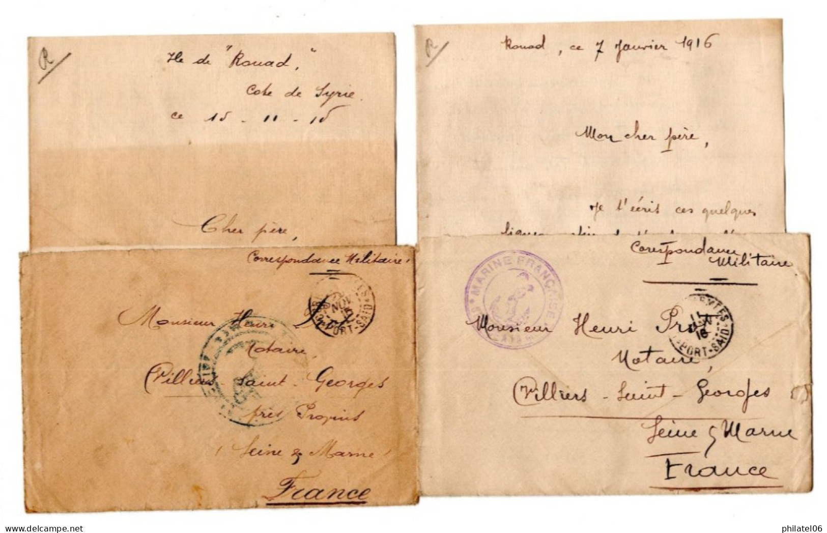 MARINE FRANCAISE  1915-1916  WW1 LETTRES MILITAIRES AVEC CORRESPONDANCE  ROUAD/PORT SAID - Cartas & Documentos