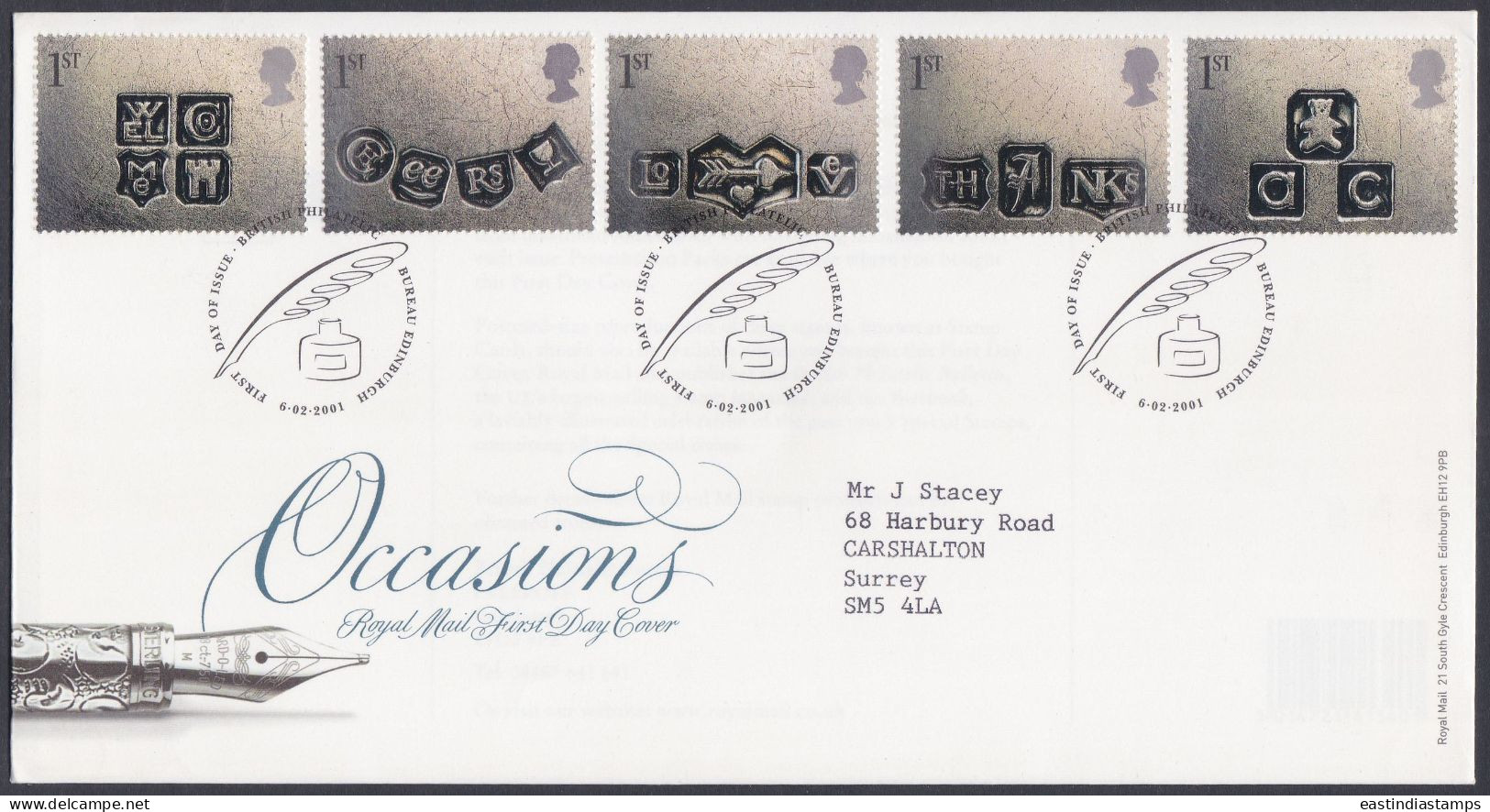 GB Great Britain 2001 FDC Occasions, Ink, Pen, Feather, Inkpot, Writing, First Day Cover - Covers & Documents