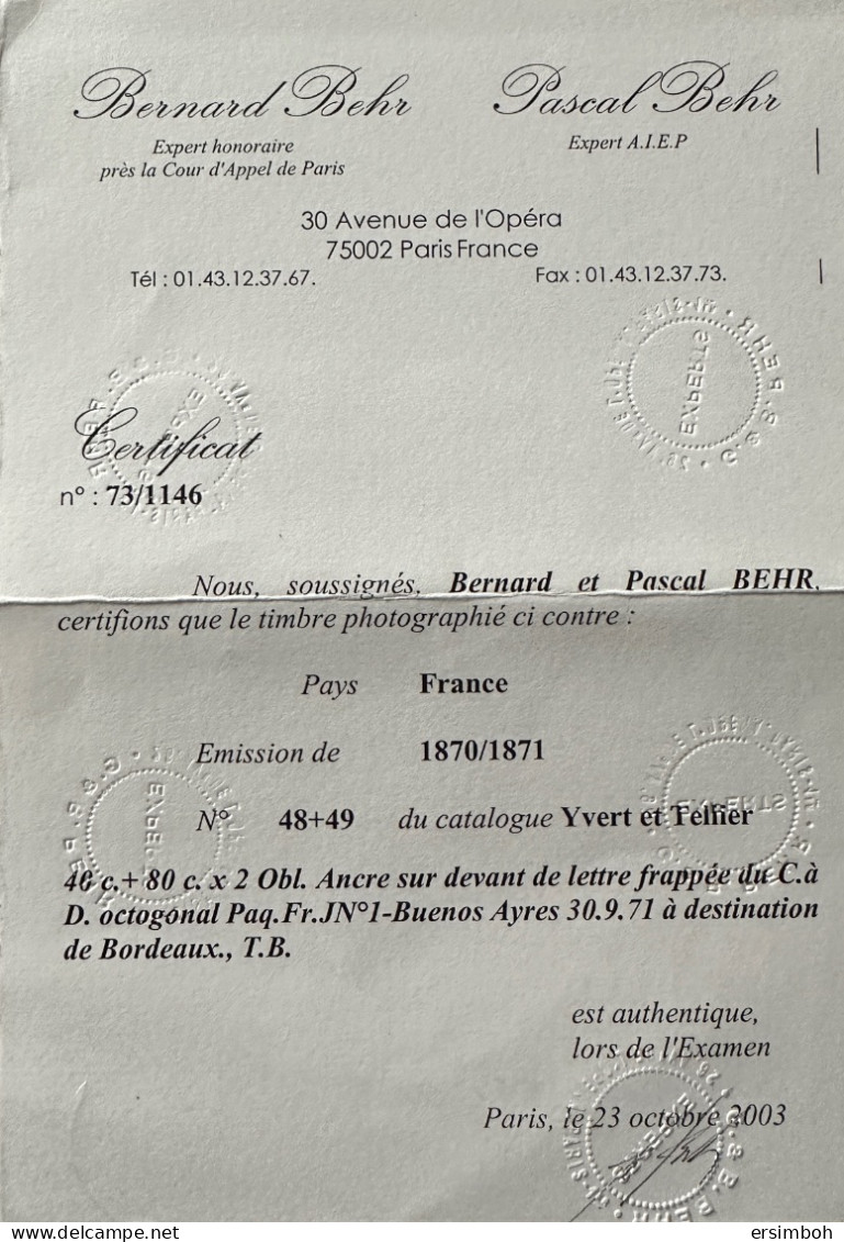 TB. Devant De Lettre N48+2xn49 (1ex Pd) Obl Ancre Buenos Ayres-Bordeaux. Signé JFBrun Et Roumet, Certificat Behr - 1870 Emission De Bordeaux