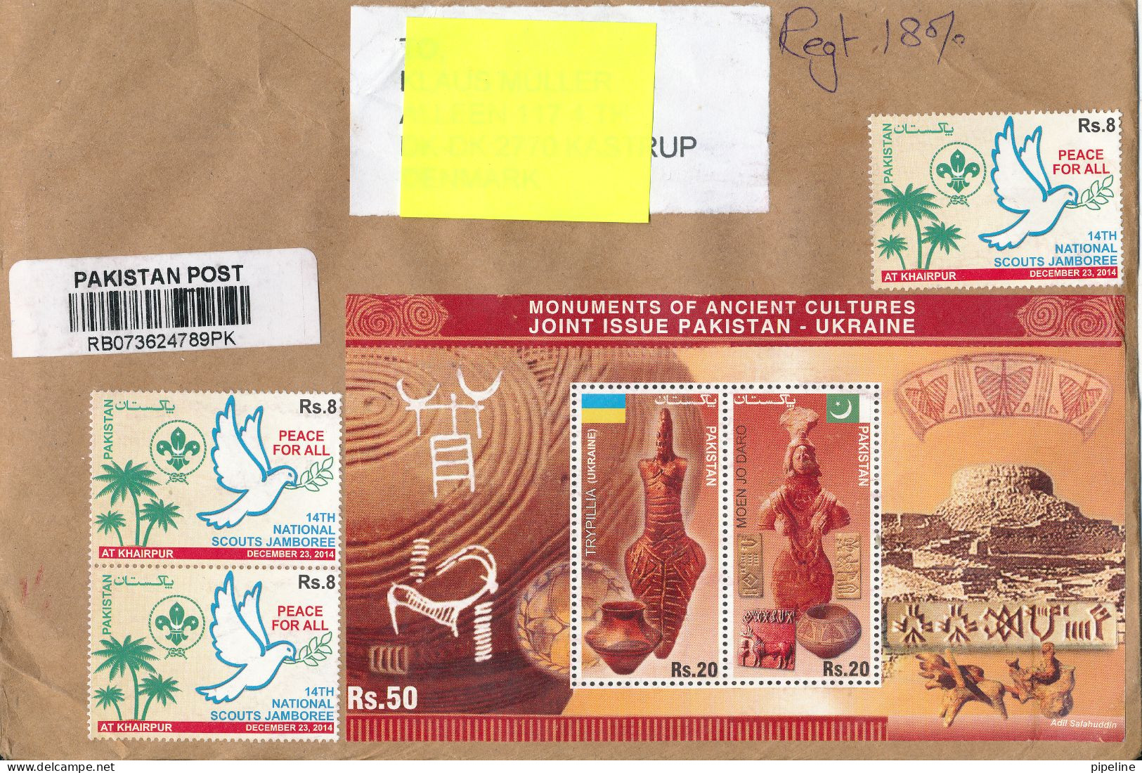 Pakistan Registered Cover Sent To Denmark Topic Stamps Scout Scouting Souvenir Sheet Pakistan - Ukraine And Red Meter Ca - Pakistán