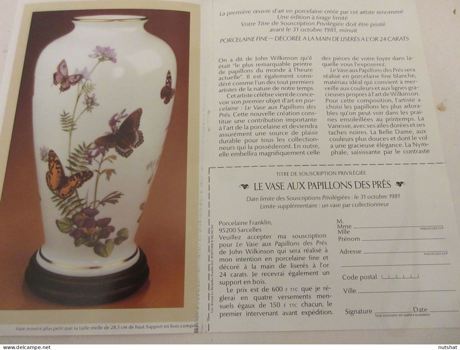 FICHE OEUVRE D'ART En PORCELAINE John WILKINSON Le VASE Aux PAPILLONS Des PRES - Art