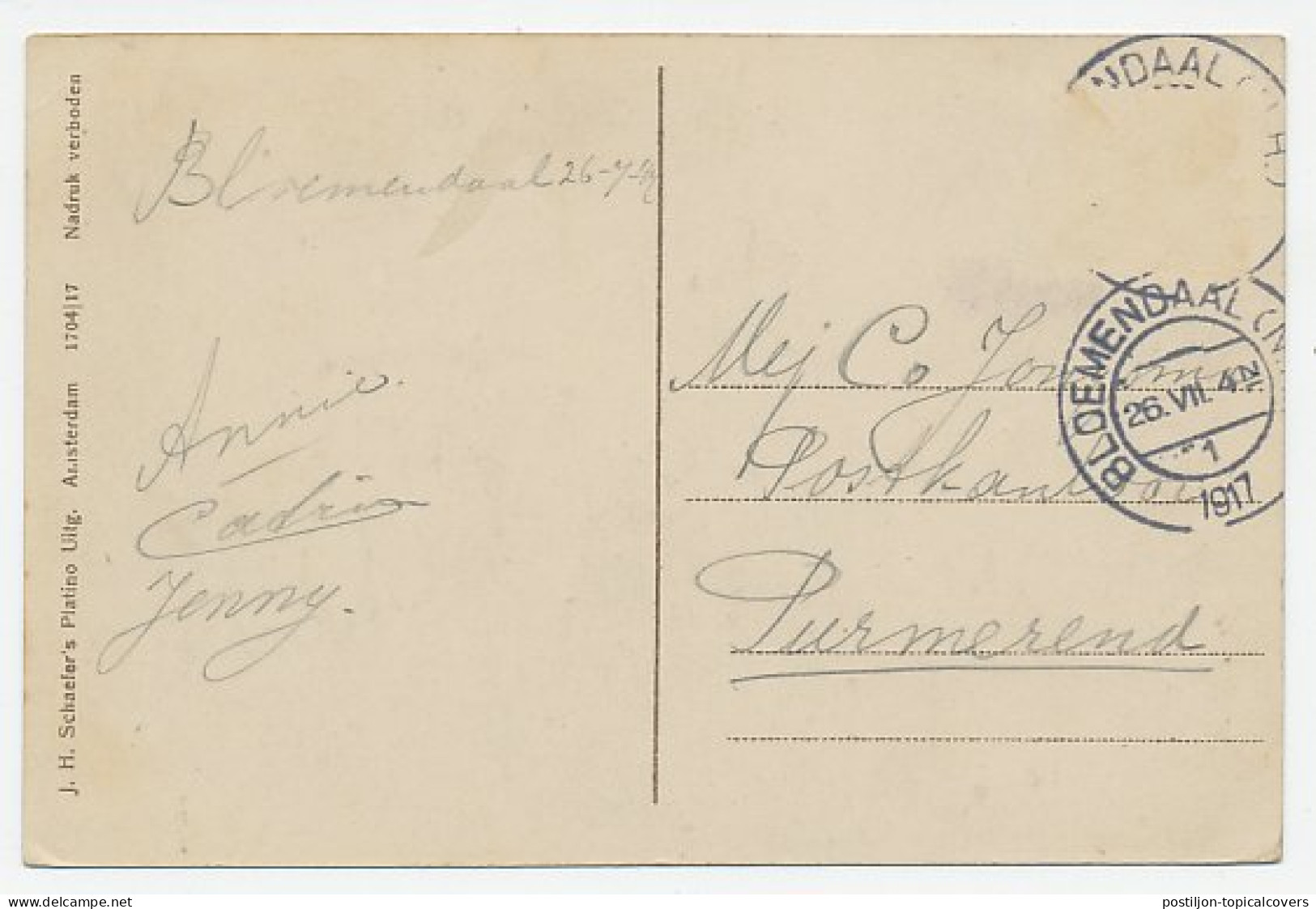 Prentbriefkaart Postkantoor Bloemendaal 1917 - Altri & Non Classificati