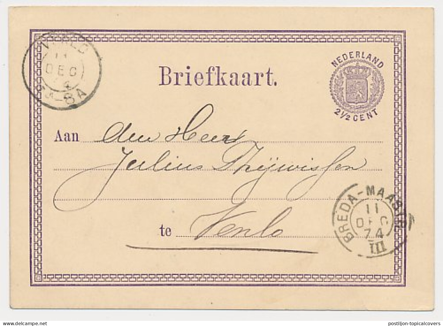 Roermond - Trein Kleinrondstempel Breda - Maastricht III 1874 - Lettres & Documents