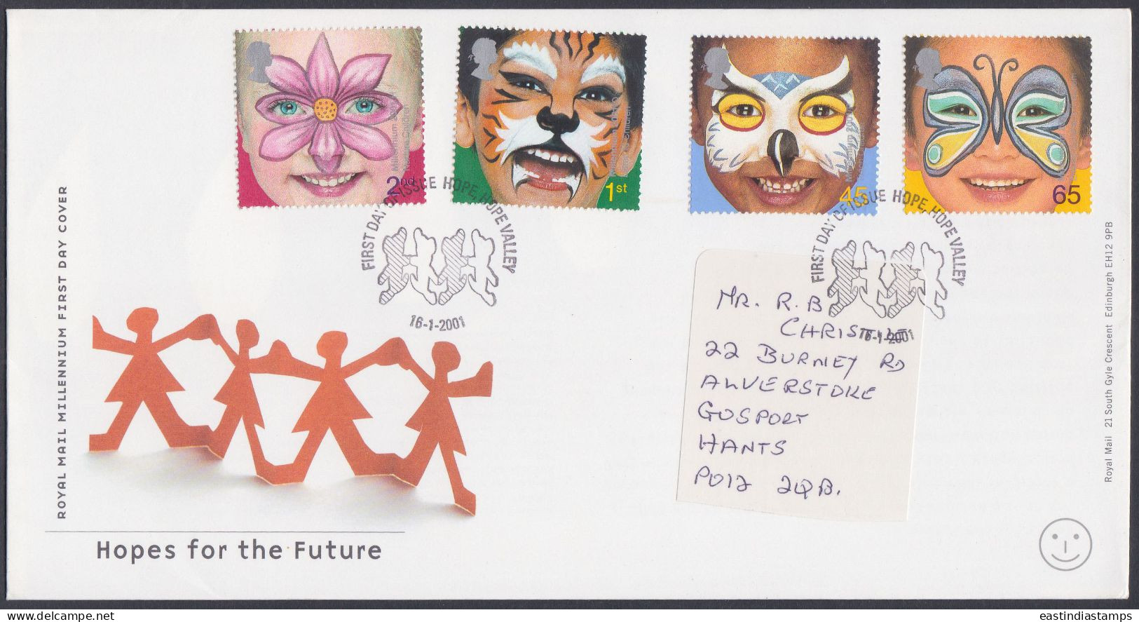GB Great Britain 2001 FDC Hopes For The Future, Flower, Flowers, Butterfly, Art. Children, Child, First Day Cover - Briefe U. Dokumente