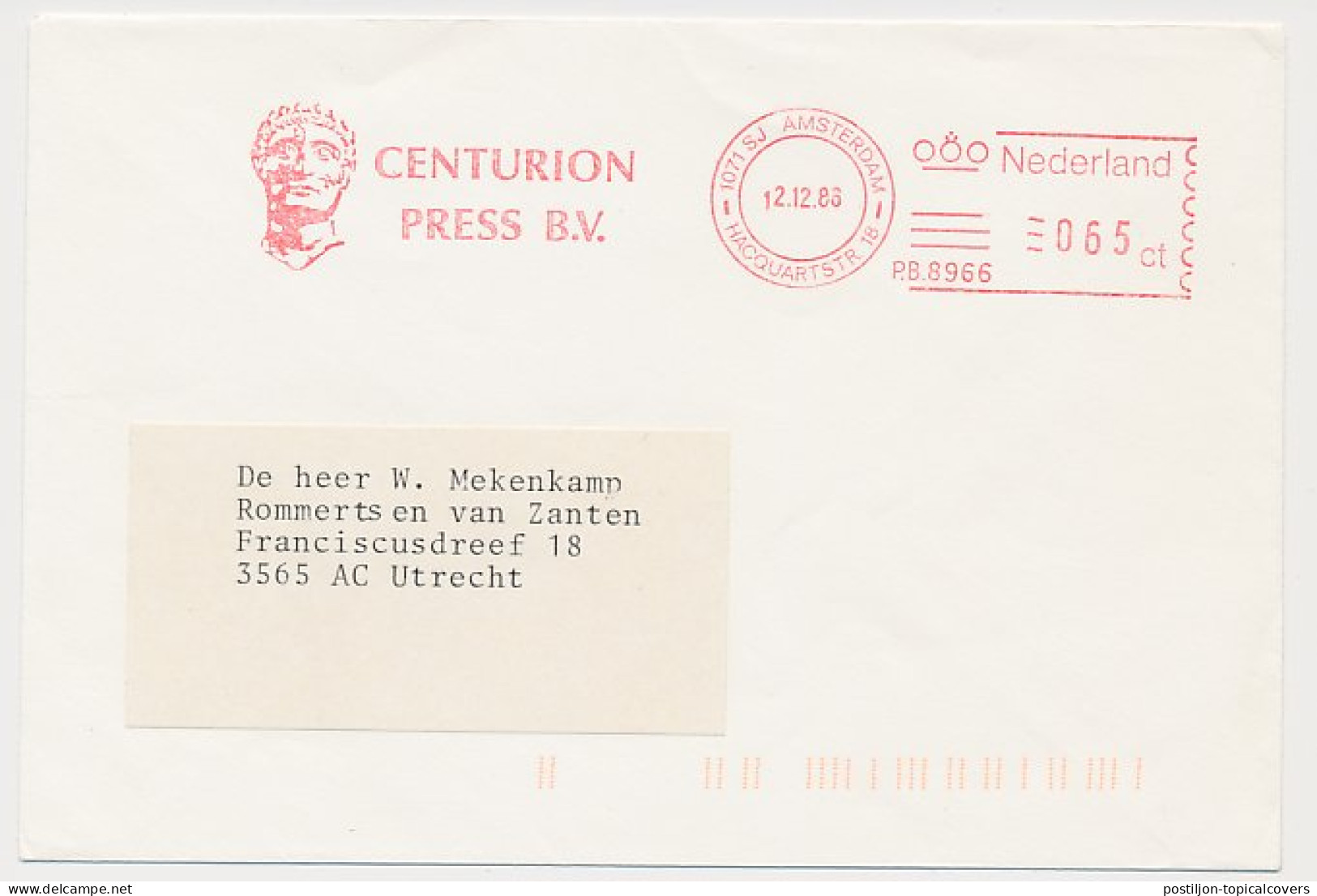 Meter Cover Netherlands 1986 Centurion - Roman Officer - Amsterdam - Other & Unclassified