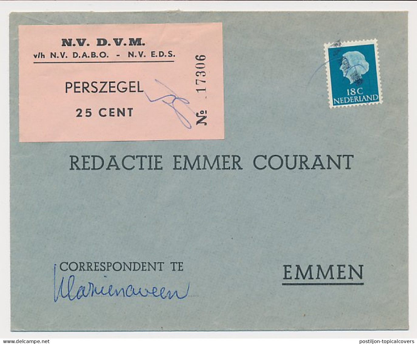 Klazienaveen - Emmen 1966 - N.V. D.V.M. Perszegel 25 CENT - Sin Clasificación
