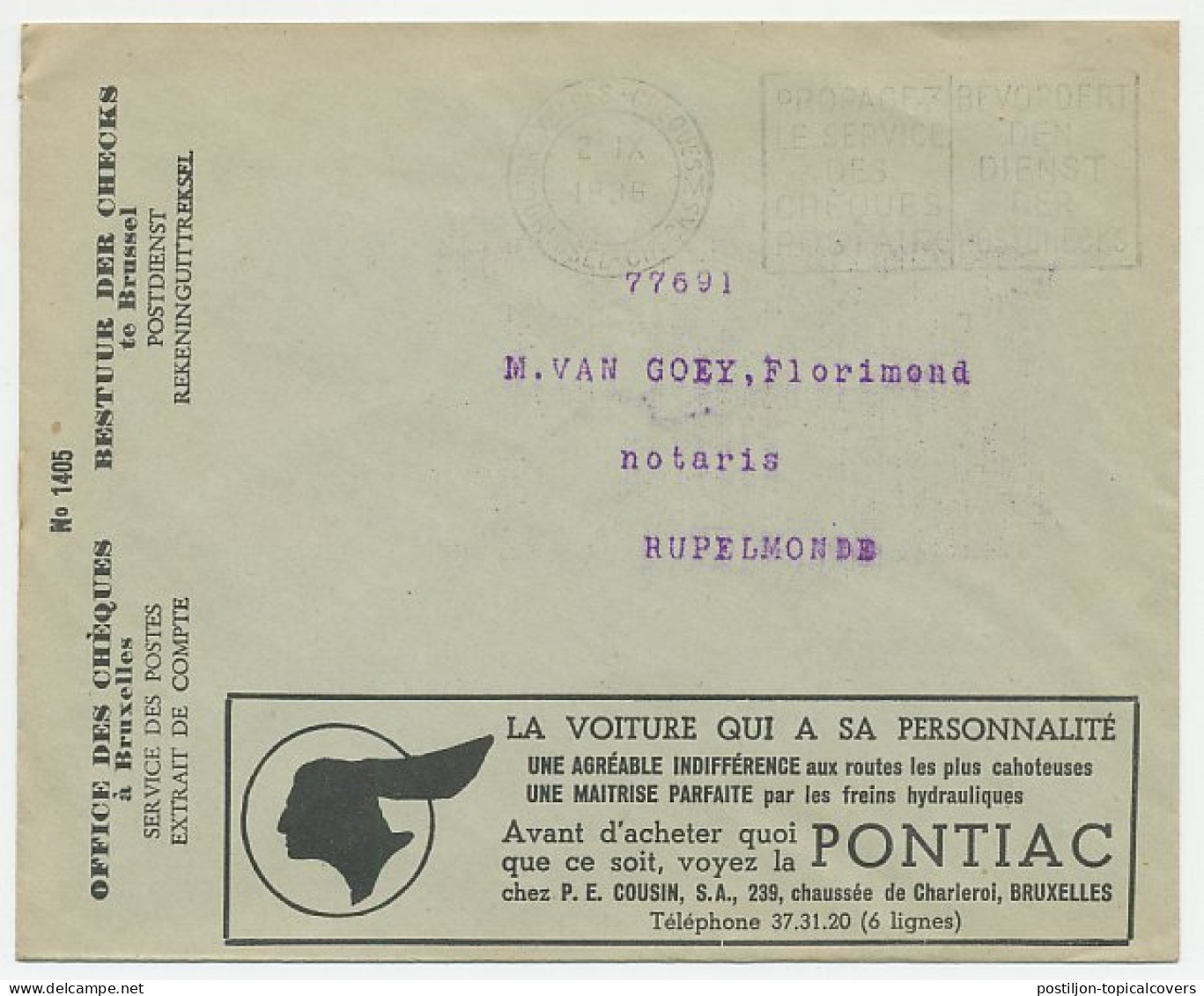 Postal Cheque Cover Belgium 1936 Radio Luxembourg - Pontiac - Indian - Refrigerator  - Ohne Zuordnung