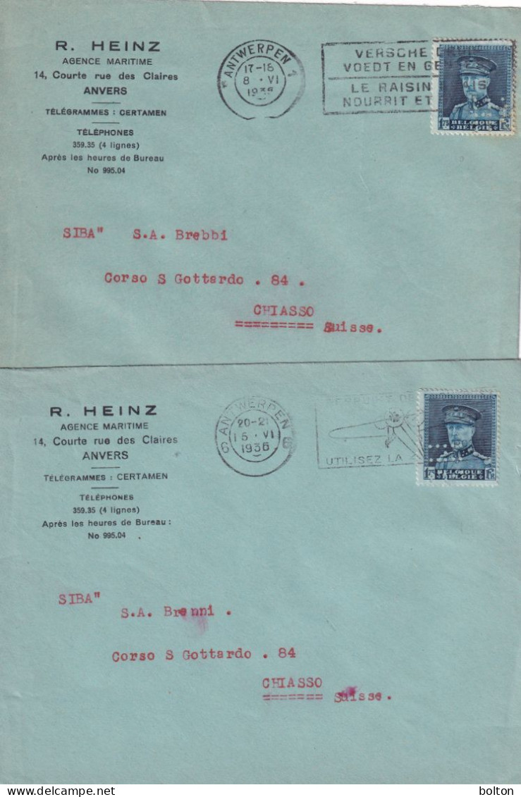 Belgio N. 2 Buste Affrancate Con Francobolli PERFIN  RH   R.HEINZ Agenzia Marittima - Cartas & Documentos