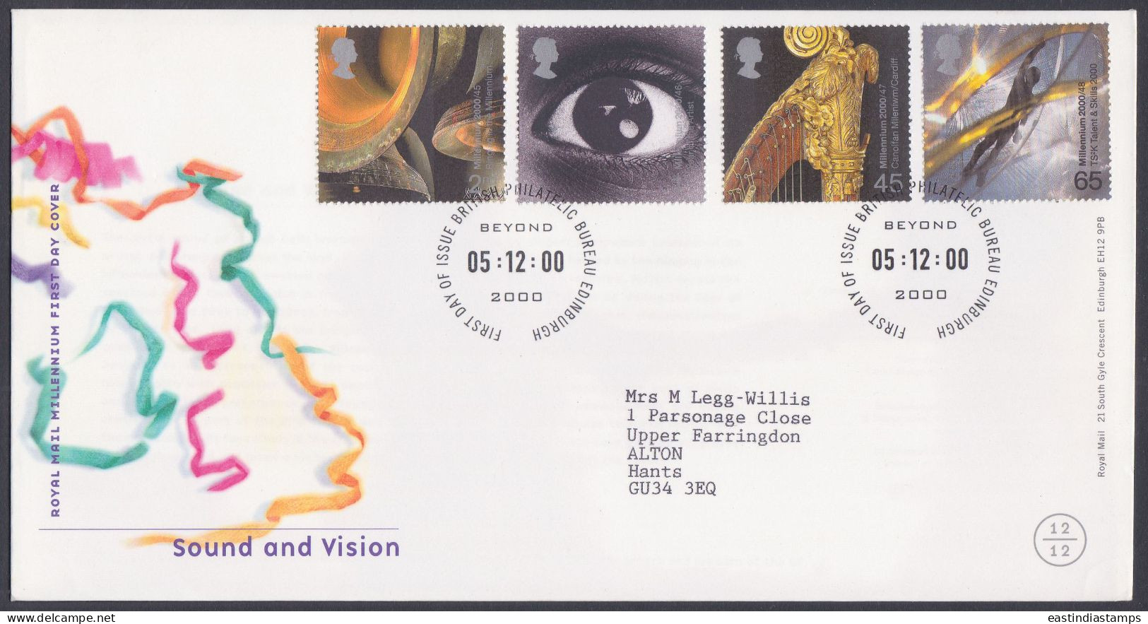 GB Great Britain 2000 FDC Sound And VIsion, Music, Harp, Musical Instrument, First Day Cover - Lettres & Documents