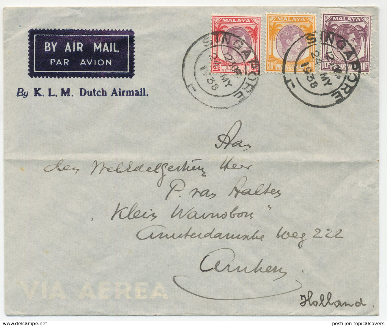  Cover / Postmark Singapore - Malaya - Netherlands 1938 By-KLM-Dutch-Airmail  - Aviones