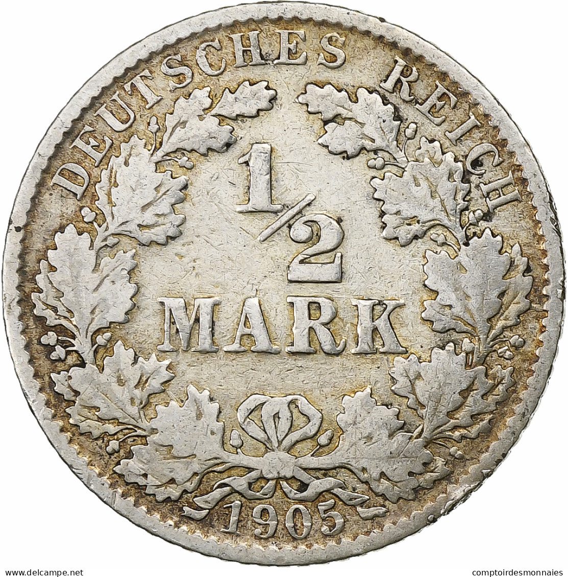 Monnaie, GERMANY - EMPIRE, 1/2 Mark, 1905, Hambourg, TB, Argent, KM:17 - 1/2 Mark