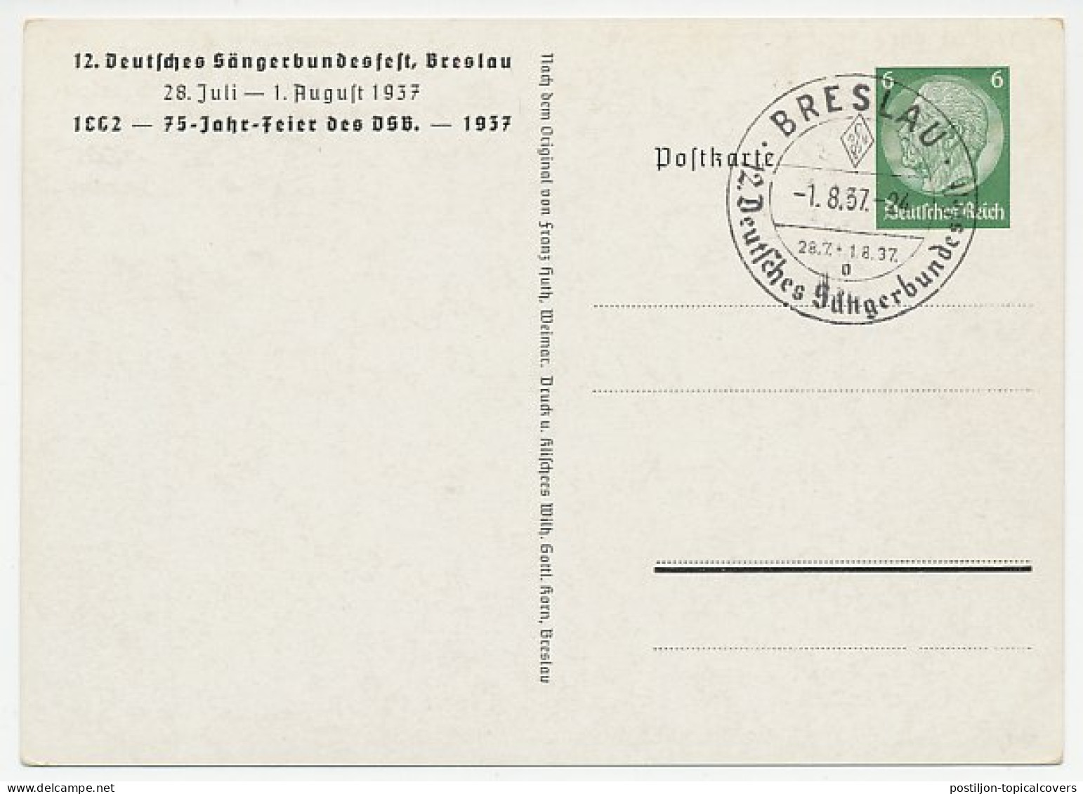 Postal Stationery Germany 1937 Churches Breslau - Singer Festival - Eglises Et Cathédrales