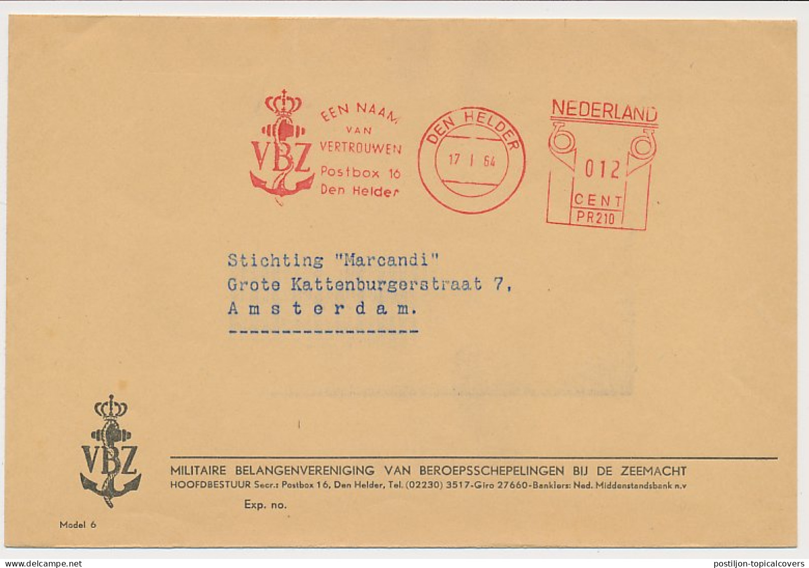Meter Cover Netherlands 1964 Military Interest Group Of Navy Sailors - Anchor - Den Helder - Militares