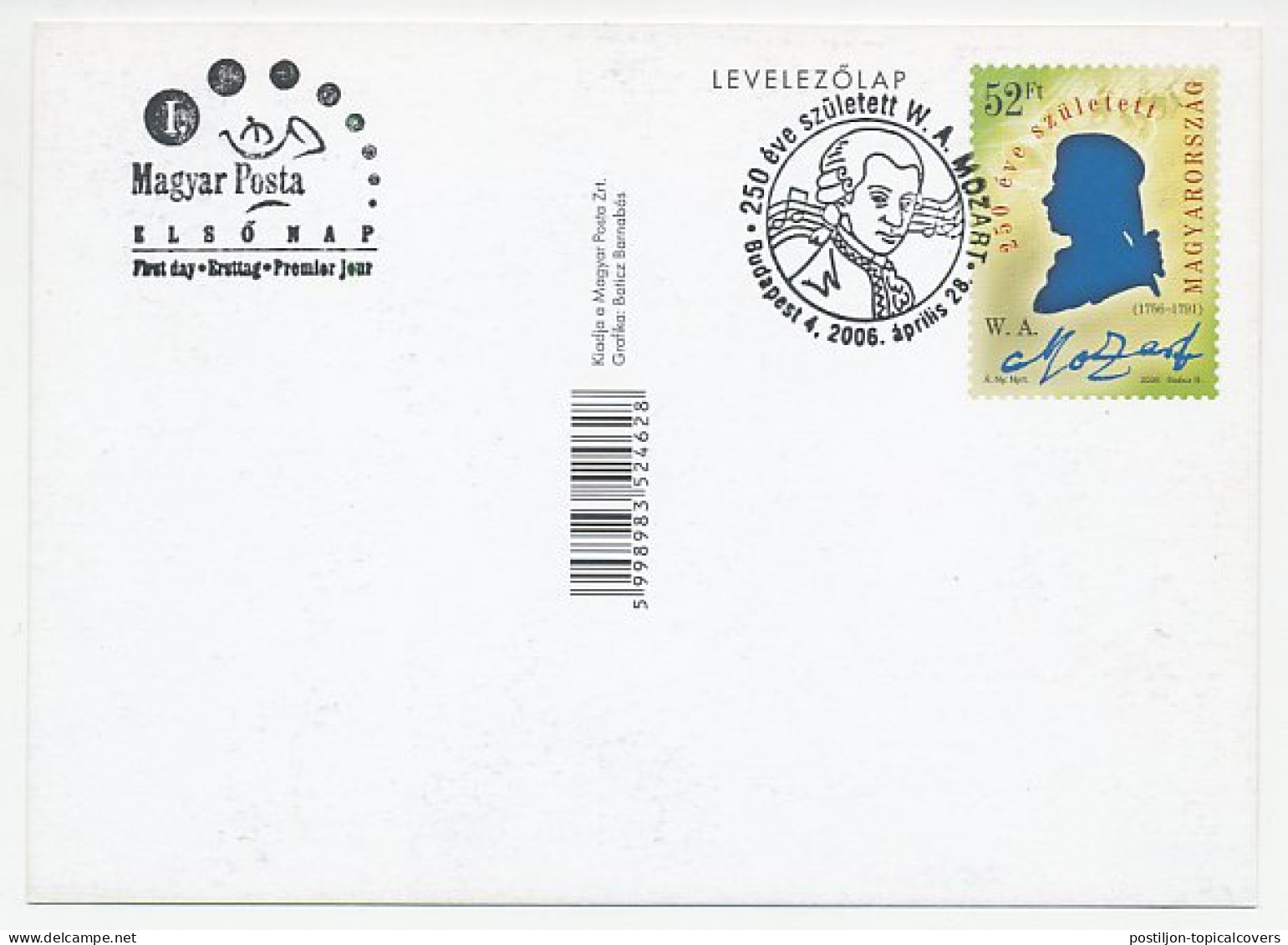 Postal Stationery Hungary 2006 Wolfgang Amadeus Mozart - Composer - Muziek