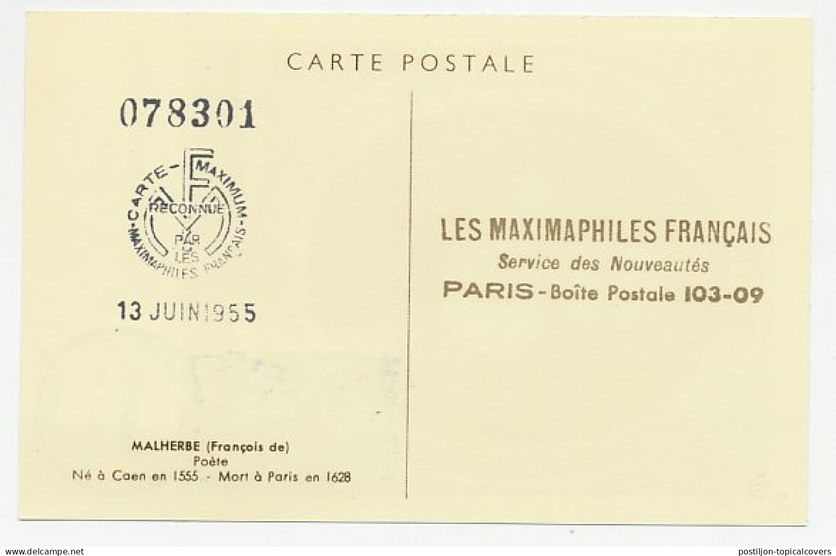 Maximum Card France 1955 Francois De Malherbe - Poet - Schriftsteller