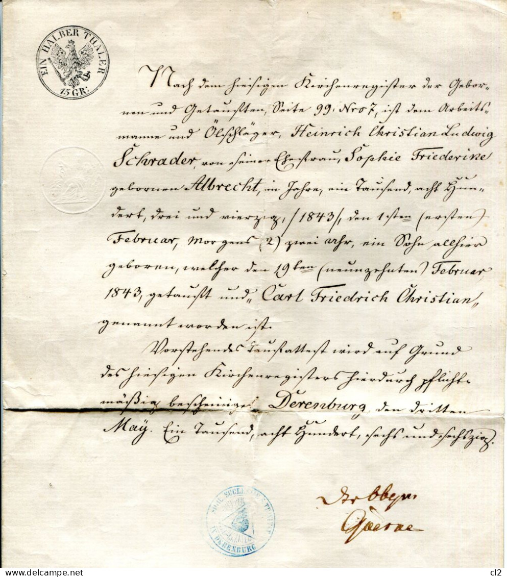 PREUSSEN - DERENBURG -3.5.1866-Kopie Geburtsurkunde Auf Gestempeltem Papier(Ein Halber Thaler-15 Gr:)-siehe Beschreibung - Storia Postale