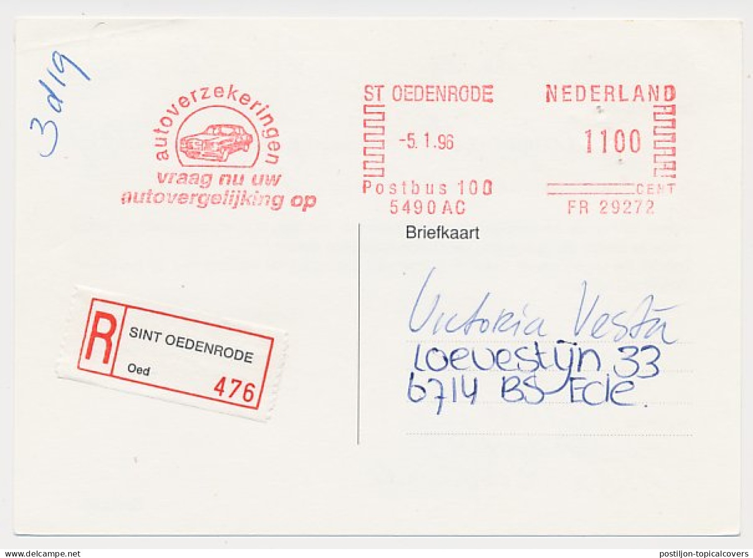 Registered Meter Card Netherlands 1996 Car Insurance - Voitures