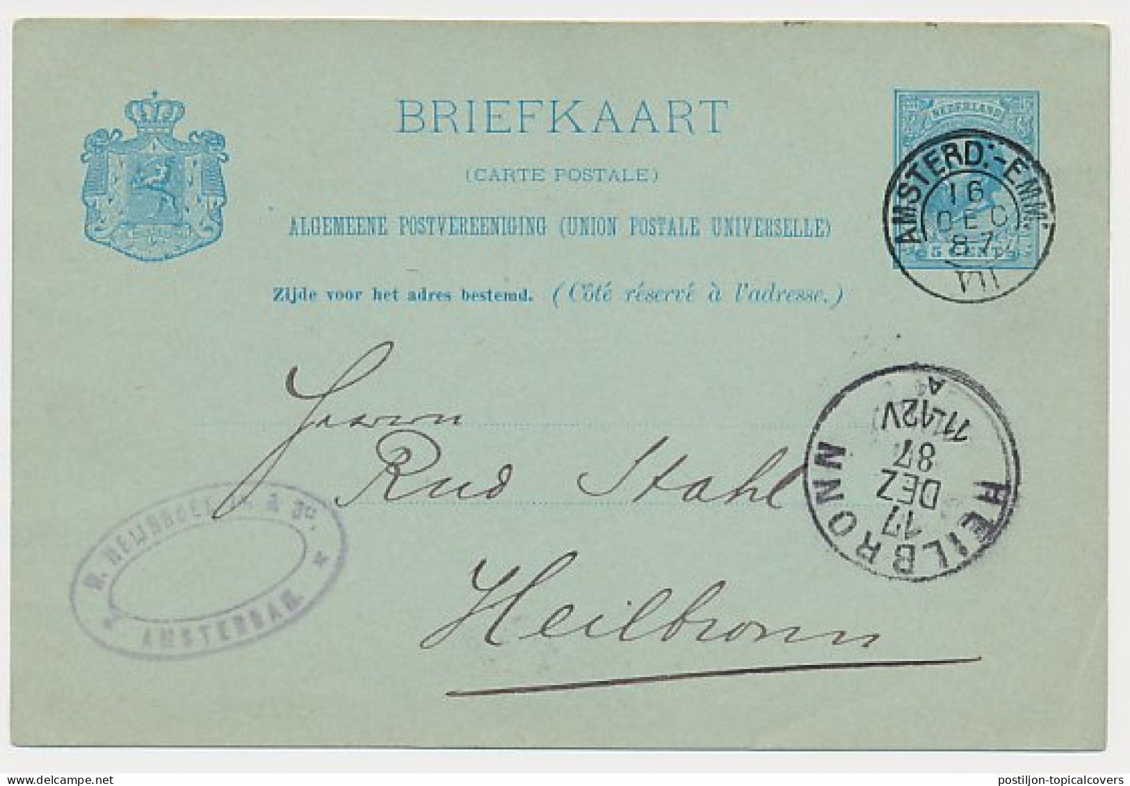 Trein Kleinrondstempel Amsterdam - Emmerik VII 1887 - Storia Postale