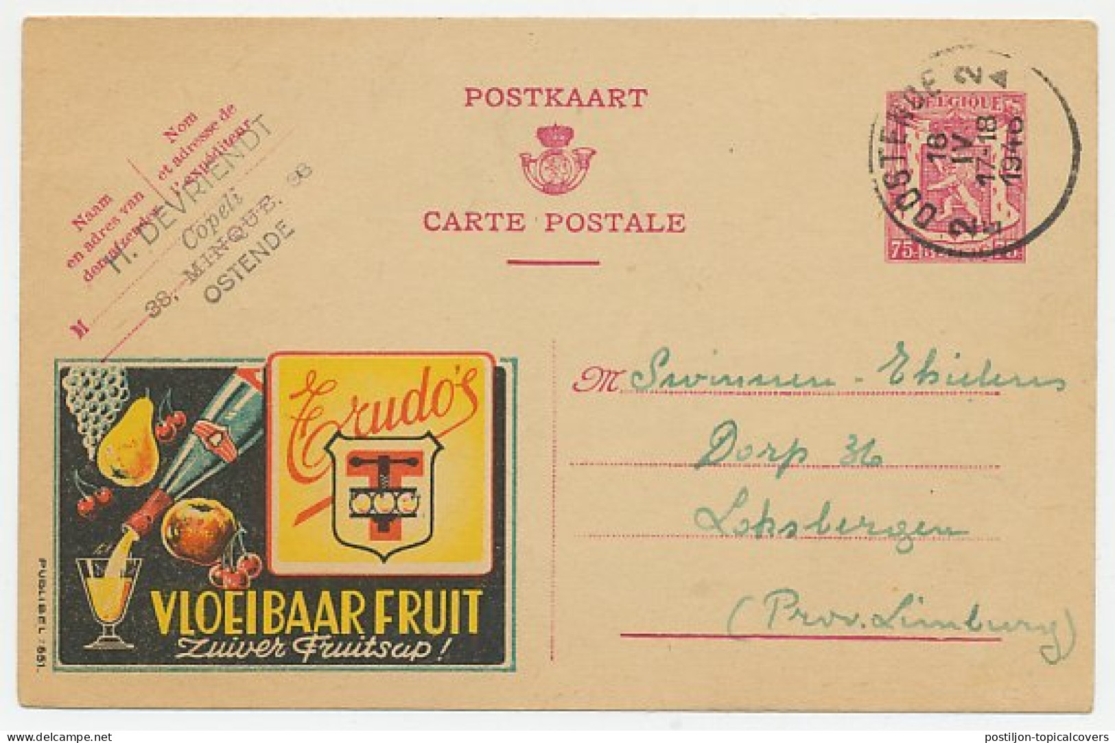 Publibel - Postal Stationery Belgium 1946 Fruit Juice - Obst & Früchte