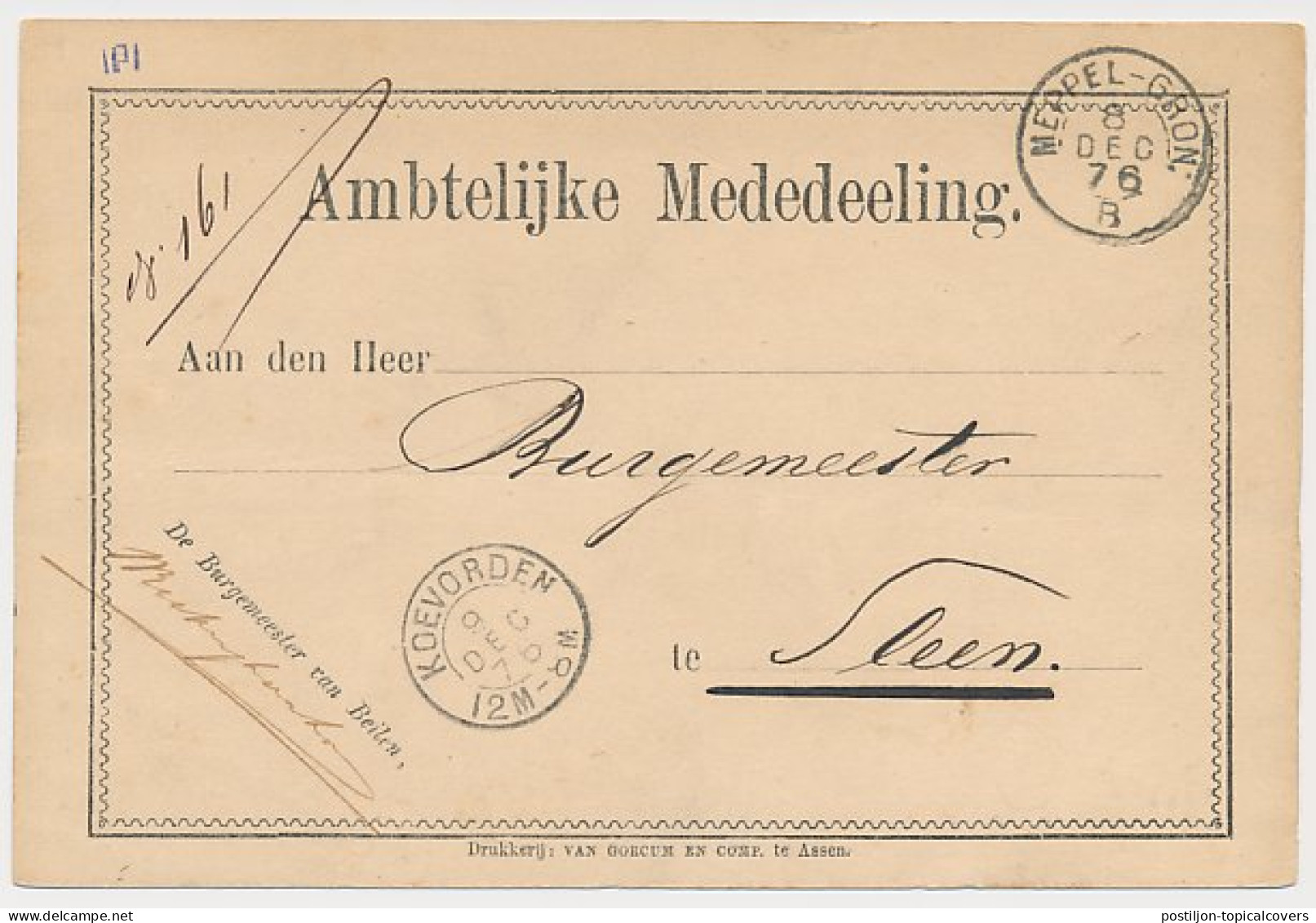 Beilen - Trein Kleinrondstempel Meppel - Groningen B 1876 - Covers & Documents