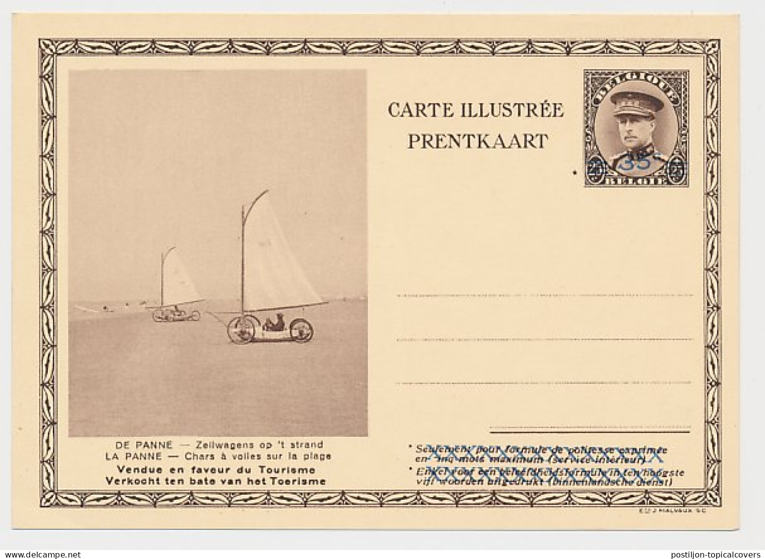 Postal Stationery Belgium 1937 Sailing Car - De Panne - Otros & Sin Clasificación