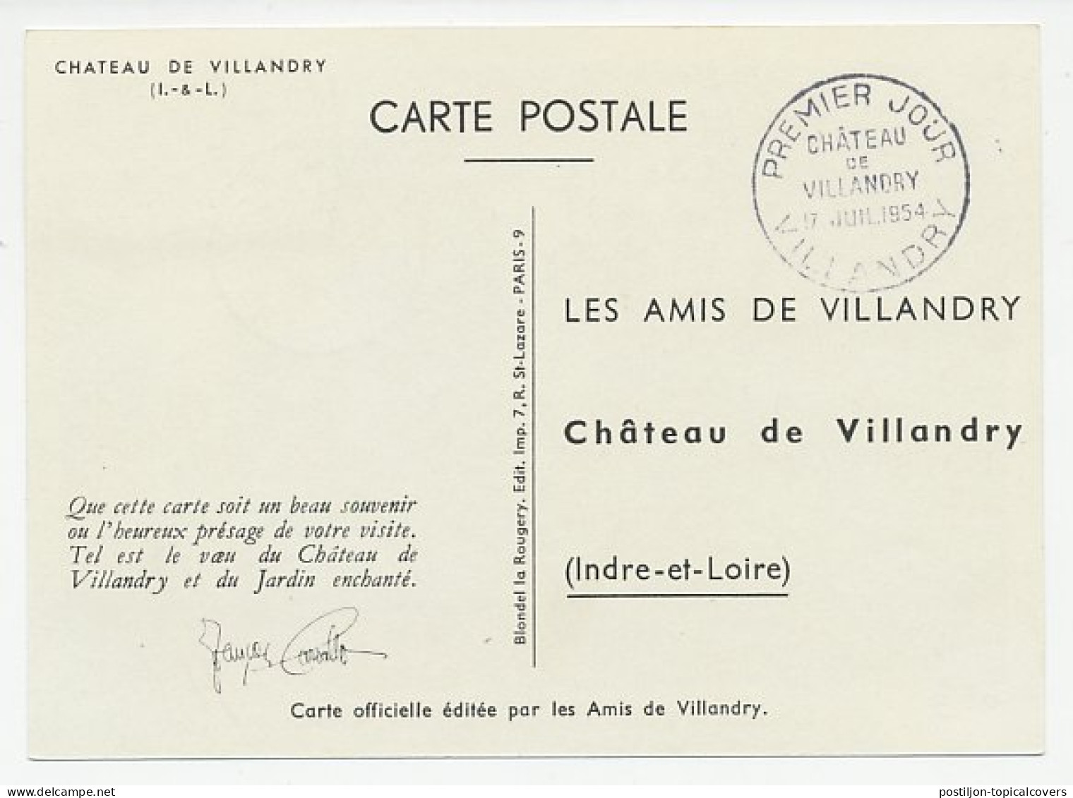 Maximum Card France 1954 Chateau De Villandry - Renaissance Gardens - Castelli