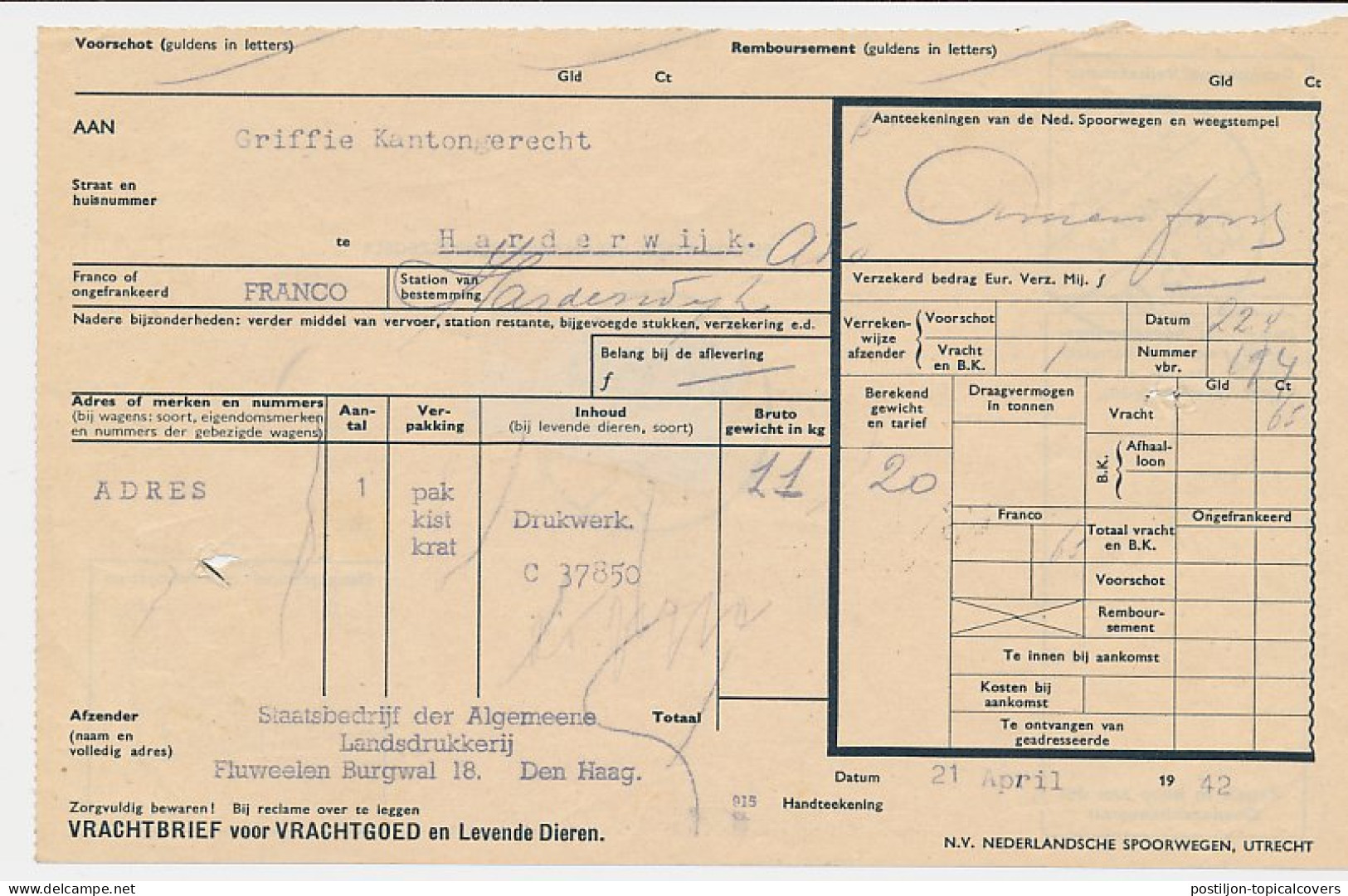 Vrachtbrief / Spoorwegzegel N.S. Den Haag - Harderwijk 1942 - Ohne Zuordnung