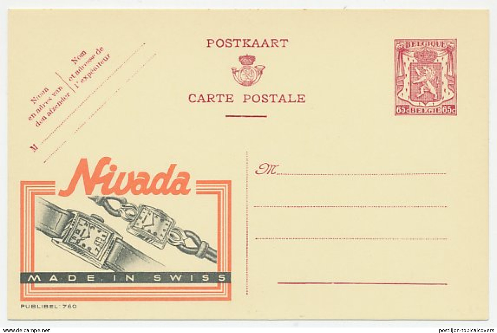 Publibel - Postal Stationery Belgium 1946 Watch - Nivada - Relojería