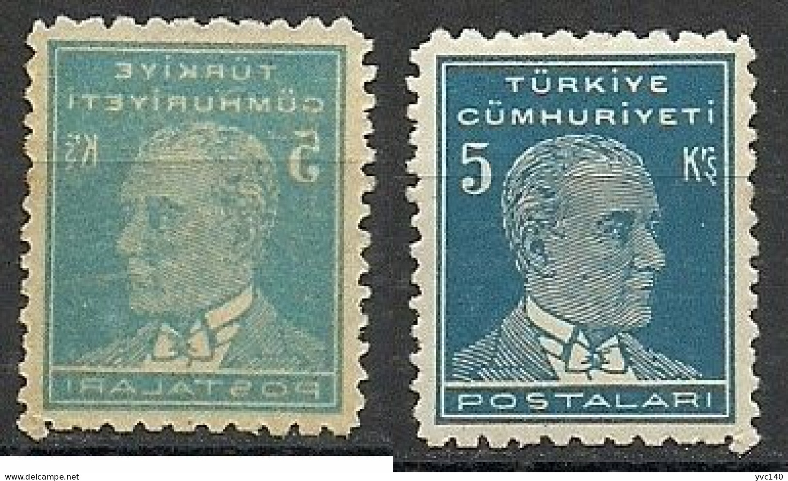 Turkey; 1950 5th Ataturk Issue 5 K. "Abklatsch" ERROR - Unused Stamps
