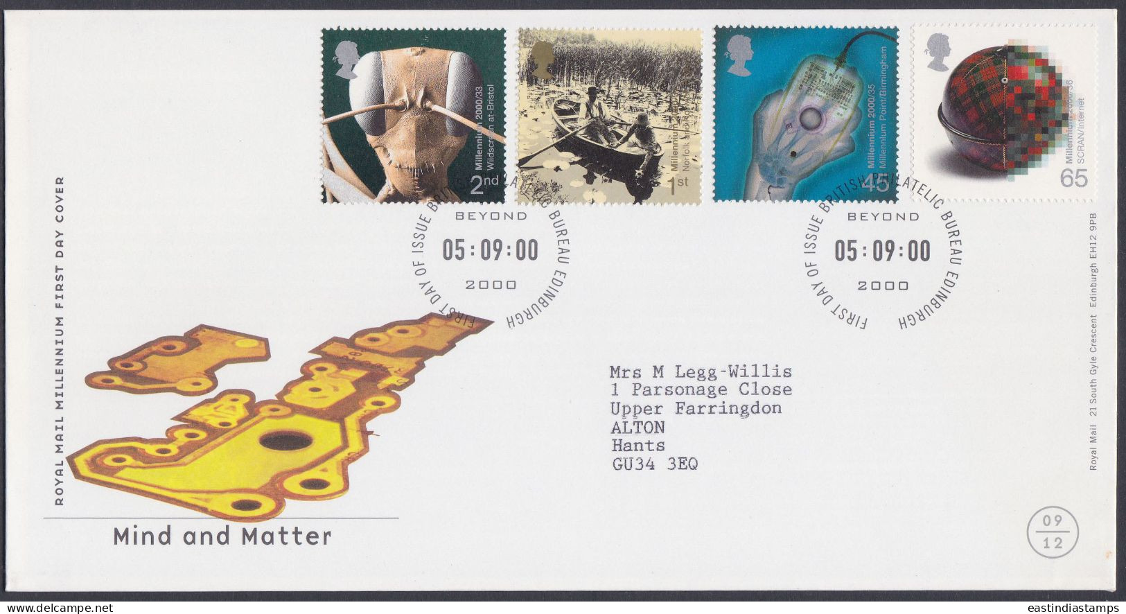GB Great Britain 2000 FDC Mind And Matter, Insect, Boat, Marsh, Mouse, Millenium Pictorial Postmark, First Day Cover - Brieven En Documenten