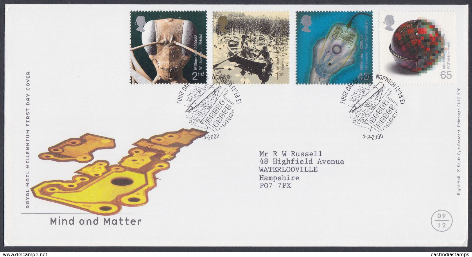 GB Great Britain 2000 FDC Mind And Matter, Insect, Boat, Marsh, Mouse, Millenium Pictorial Postmark, First Day Cover - Lettres & Documents