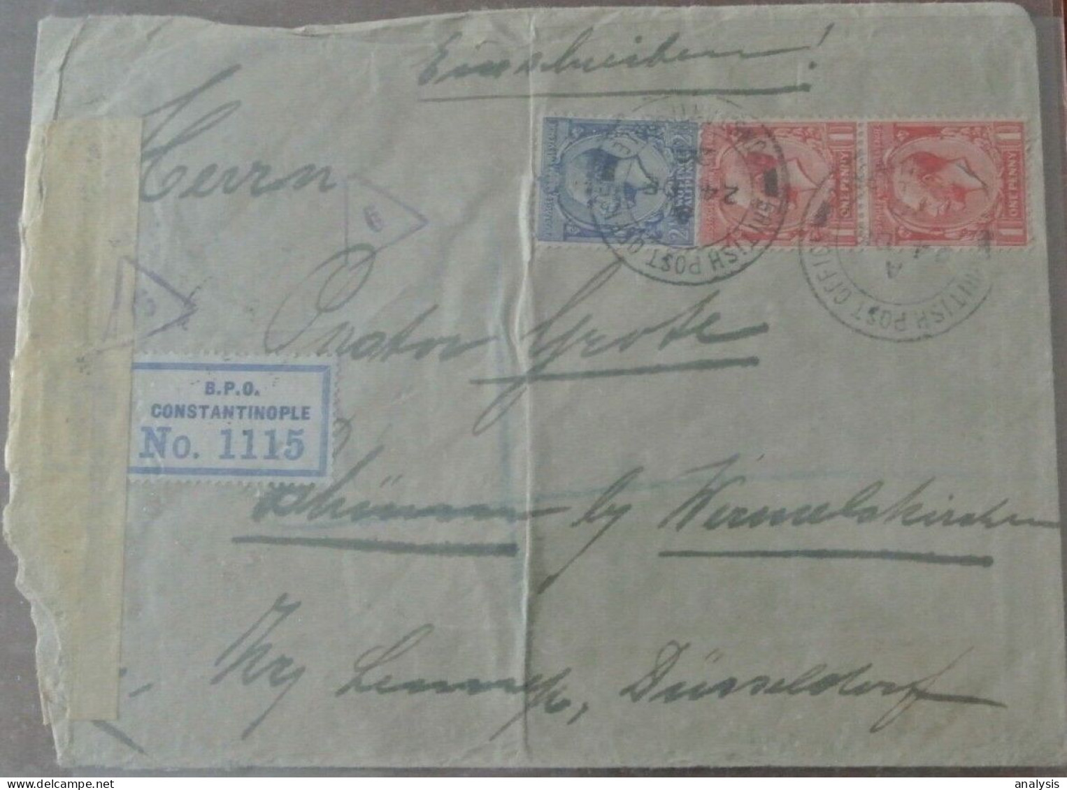 British Levant Turkey Constantinople Registered Cover Mailed To Germany 1920 Censor. British Post - British Levant