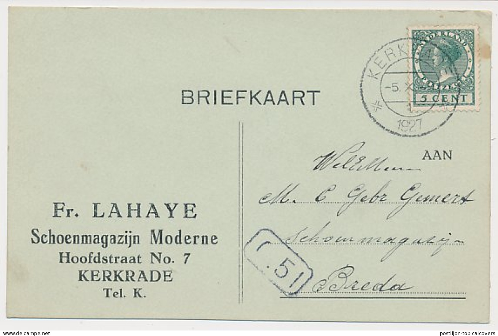 Firma Briefkaart Kerkrade 1927 - Schoenmagazijn - Zonder Classificatie